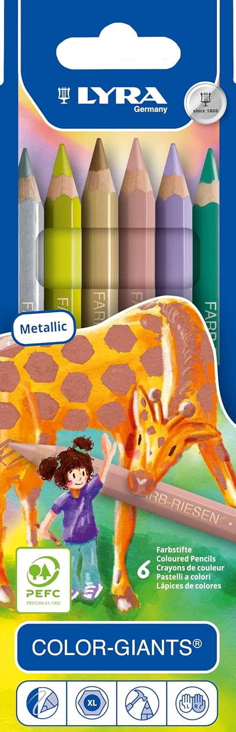 Lyra Color-Giants Colored Pencils, Lacquered, 6.25 Millimeter Cores, Set of 6 Pencils, Assorted Metallic Colors (3941062) Multicolored Set of 6 (Metallic)
