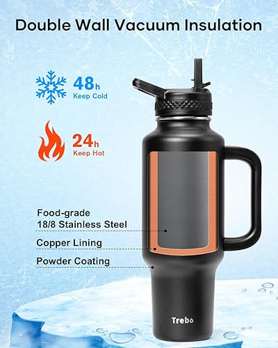 Miniatura 3 de Trebo Botella de agua de 40 onzas con aislamiento, soporte para tazas de automóvil con asa, botellas de agua de acero inoxidable con tapas de