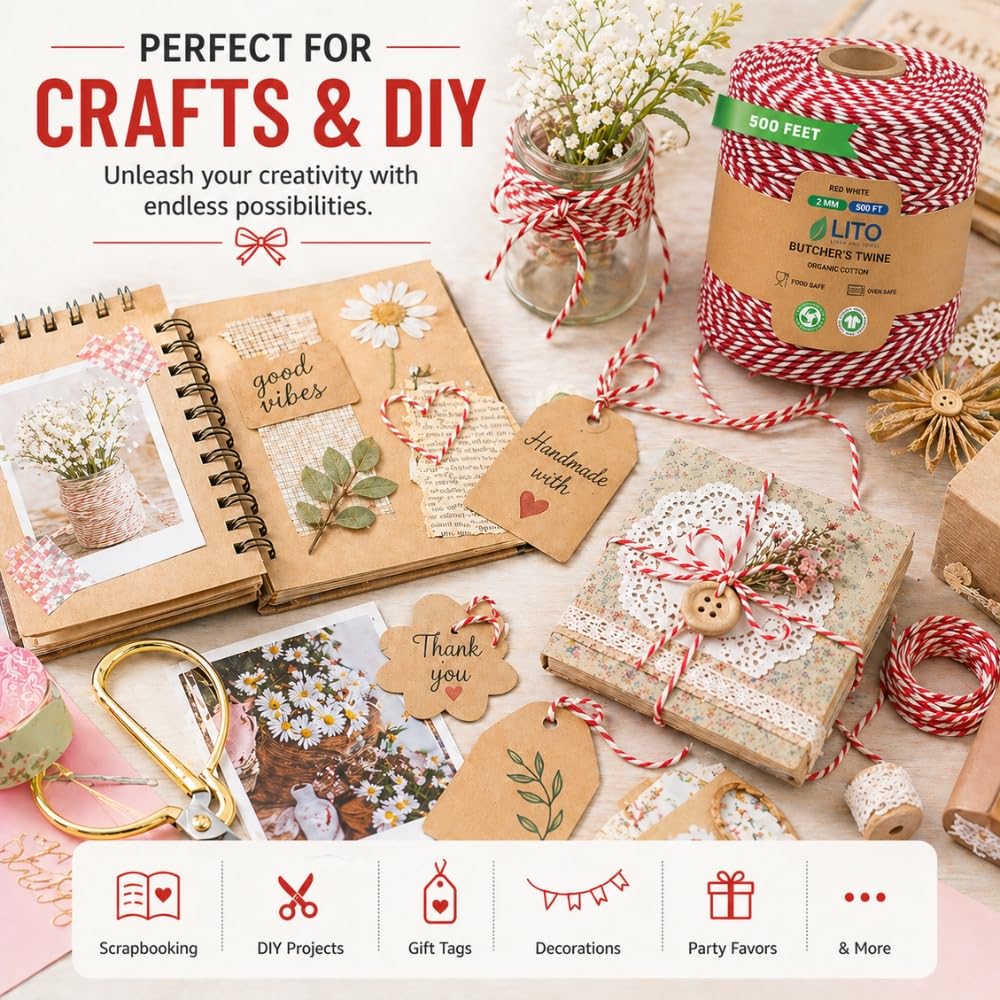 100% Cotton Twine Macrame Thread | Natural Cotton String for Cooking, Baking, Wrapping, Crafts, DIY Garden Decor & Gift Packaging (Red & White, 12PLY- 500 FEET- Pack of 1) 4