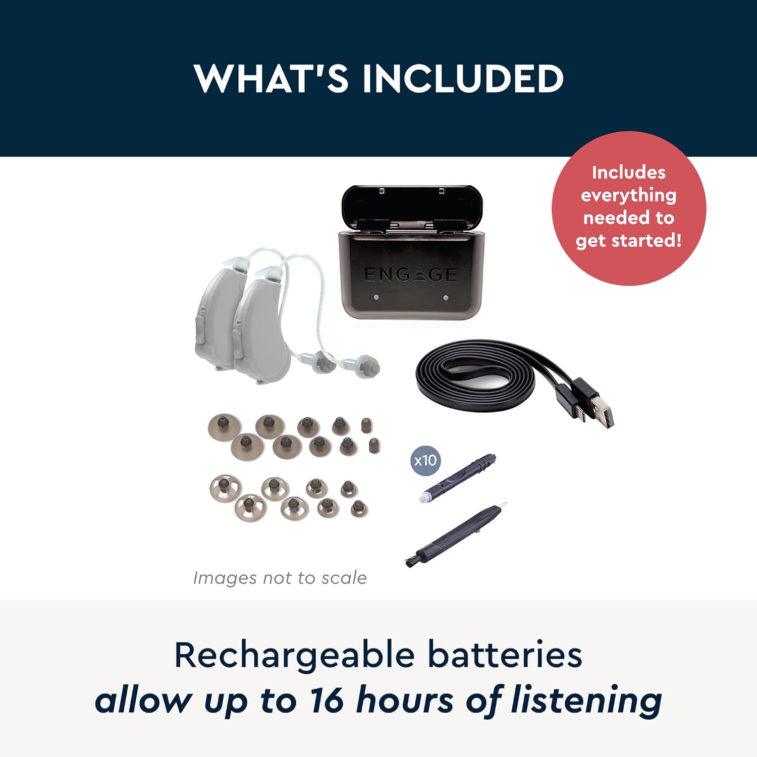 Contents of the Engage hearing aid package, including the hearing aids, charging case, various ear tips, wax stops, cleaning tool, and charging cable.