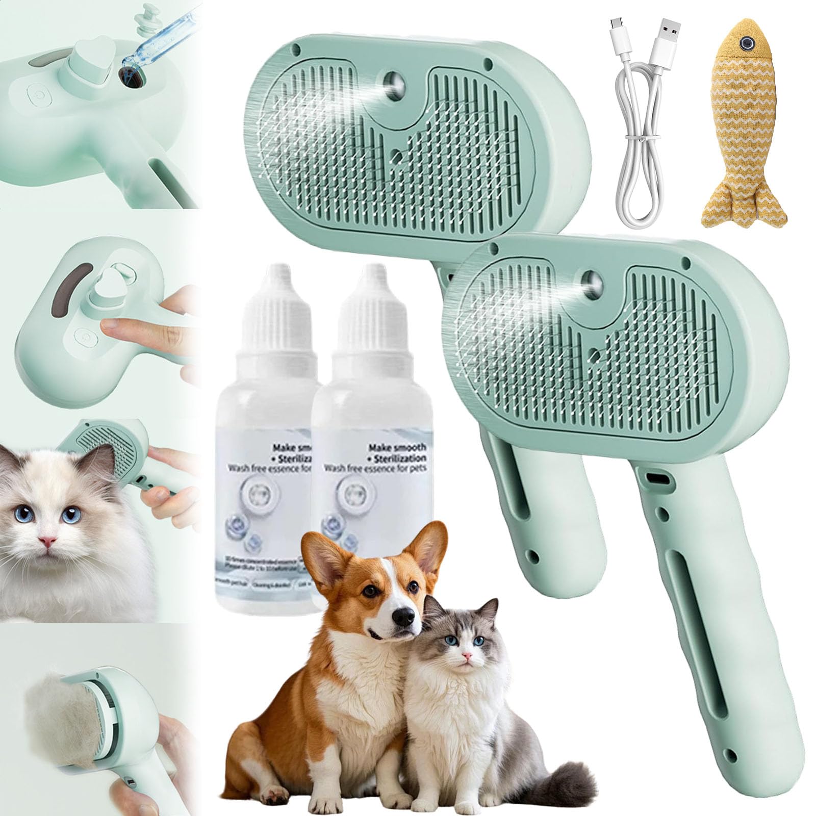 Hundebürste, Dampf-Hundebürste, wiederaufladbar, leise, 3-in-1-Spray, Haarentfernungskamm mit wasserlosem Shampoo, tragbare und langlebige Haustier-Dampfbürste für lang- und kurzhaarige Haustiere (2