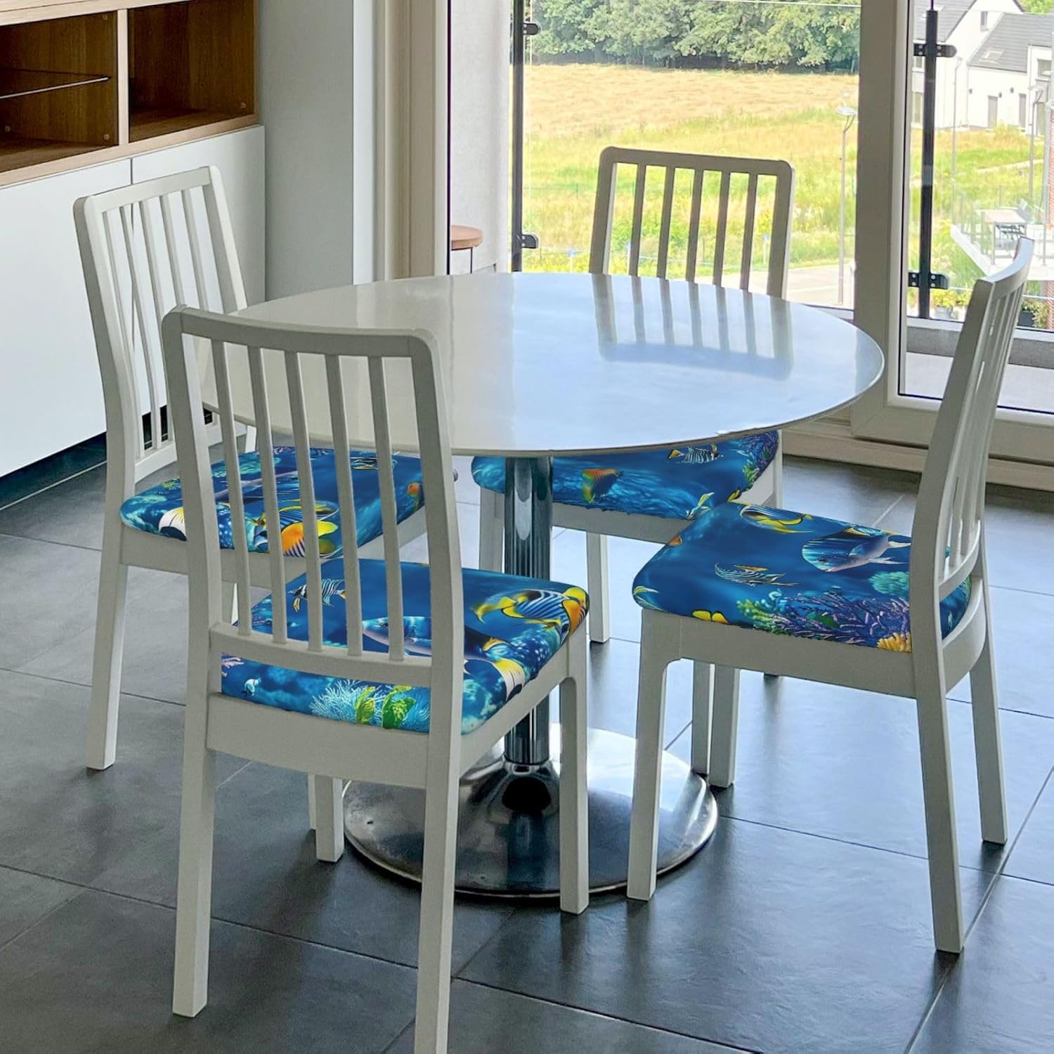 Blue Ocean Underwater Fish Print Square Cushion Covers 6 Pcs Set Elastic Non-Slip Seat Cushion Slipcovers Pet Furniture Protectors for Chair, Sofa