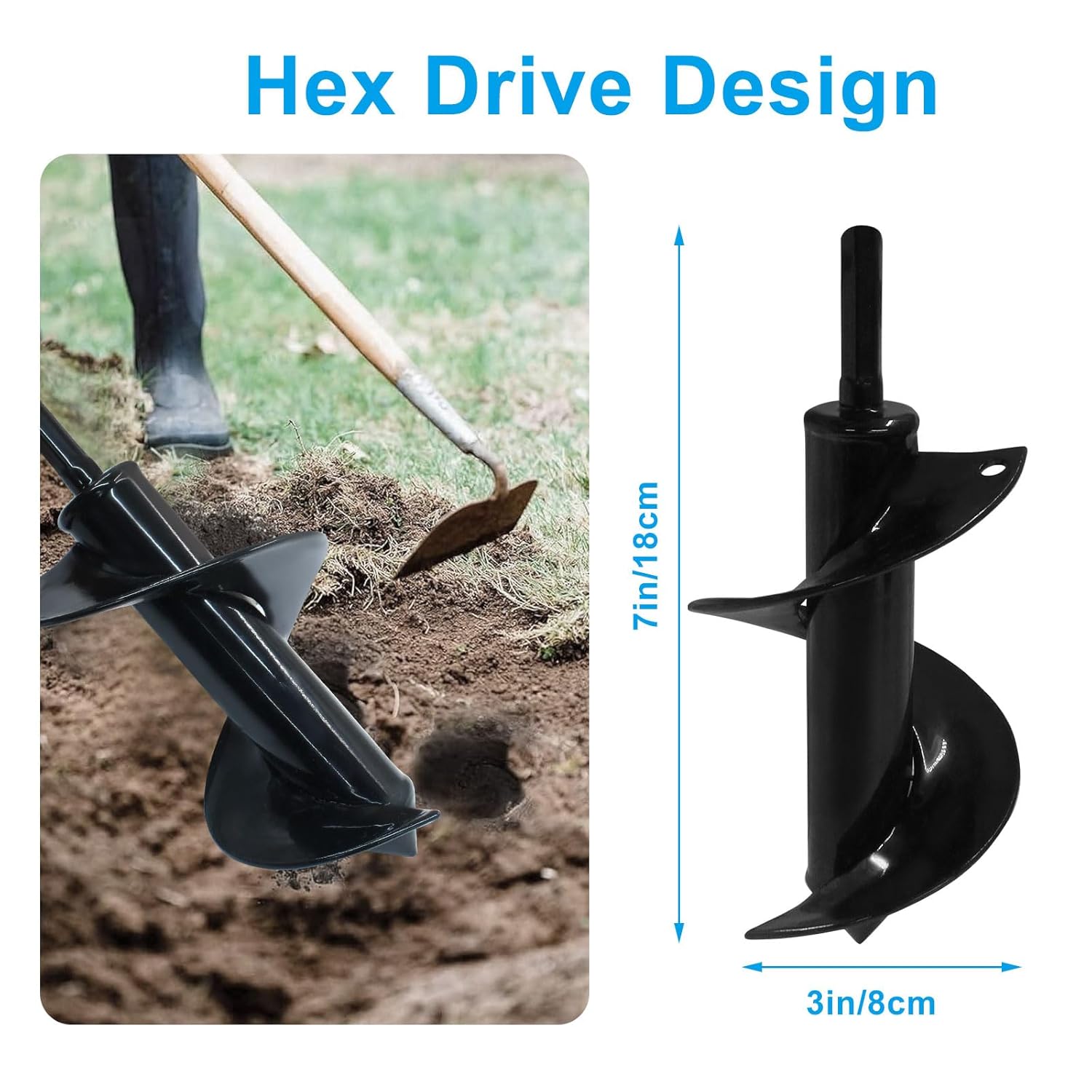 Garden Auger Drill Bit for Planting, 3x7 Inch Garden Auger Spiral Drill Bit for 3/8" Hex Drive Drill, Black