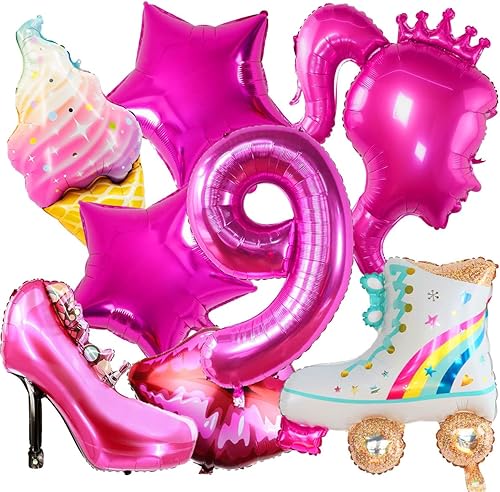 13 globos de papel de aluminio color rosa intenso, letras LETS GO, decoraciones de fiesta rosa para niñas y niñas, fiesta temática de muñeca de