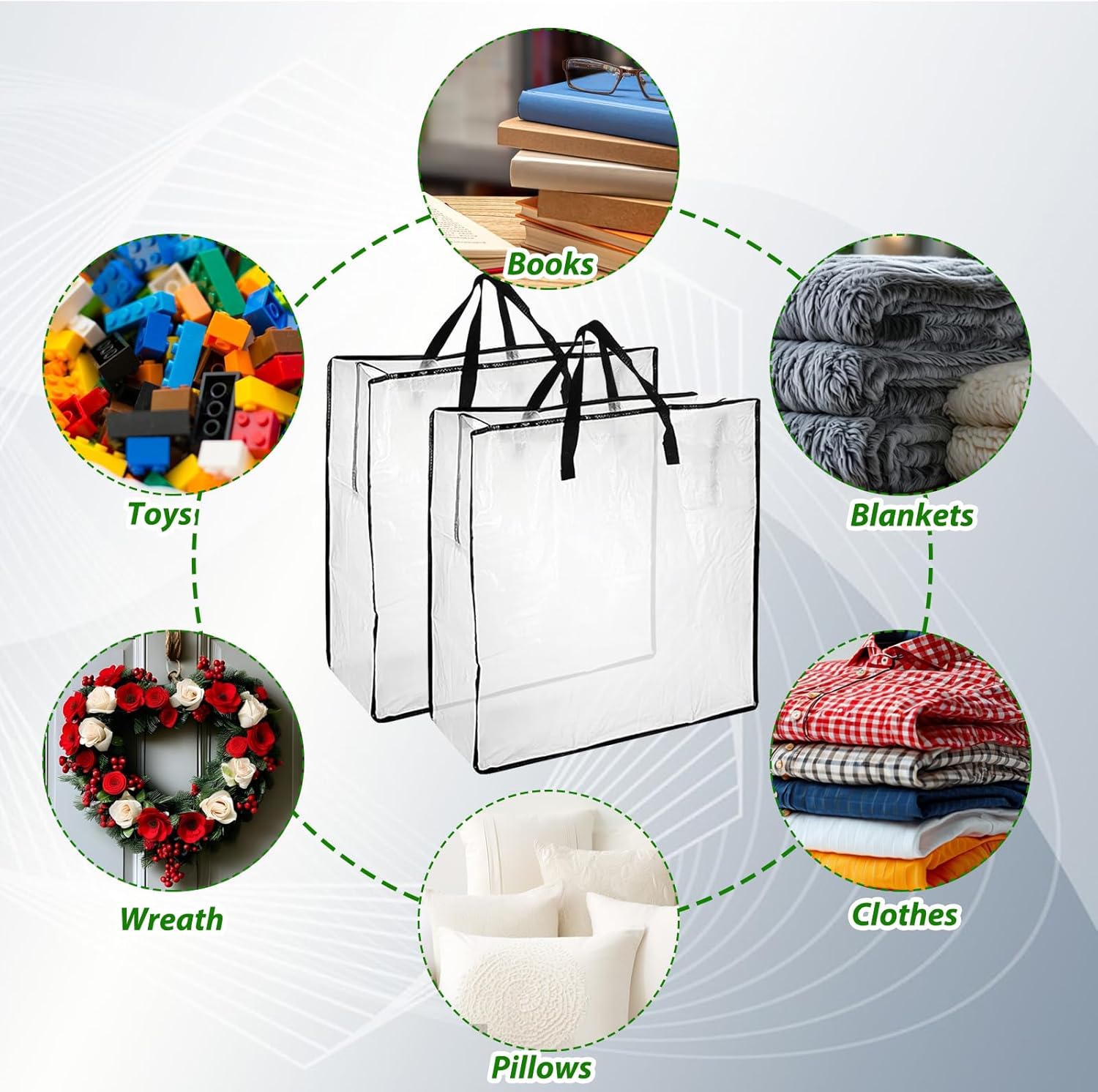 8 Pack Wreath Storage Container, 24 Inch Christmas Wreath Storage Container, Clear Storage Bags with Zipper Sturdy Handles for Seasonal Wreaths, Pillow & Blanket