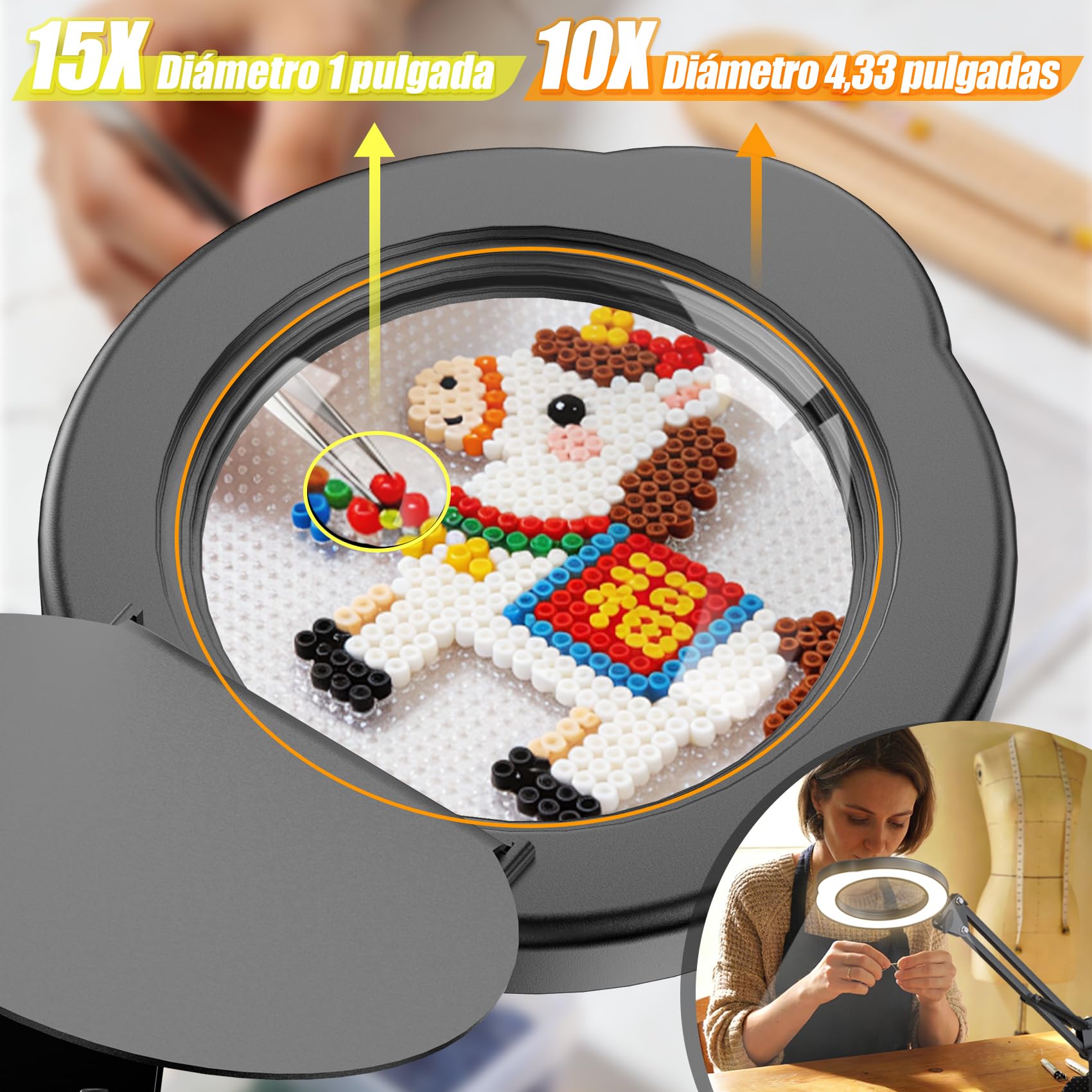 15X 10X Lupas de Gran Aumento con Luz, Lupa con Luz Soporte y Abrazadera, Lupa con Luz mit 84 Led, 5 Modos de Color y 9 Niveles de Brillo para Manualidades Leer Libros Coser Cuentahilos