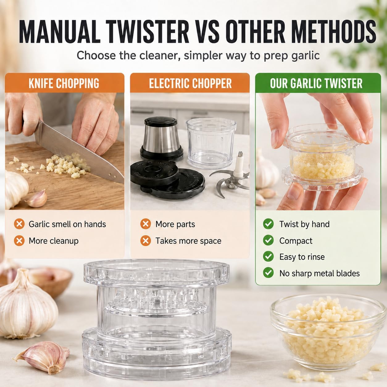Garlic Chopper 2 Pack, Manual Garlic Twister, Clear Garlic Mincer Tool