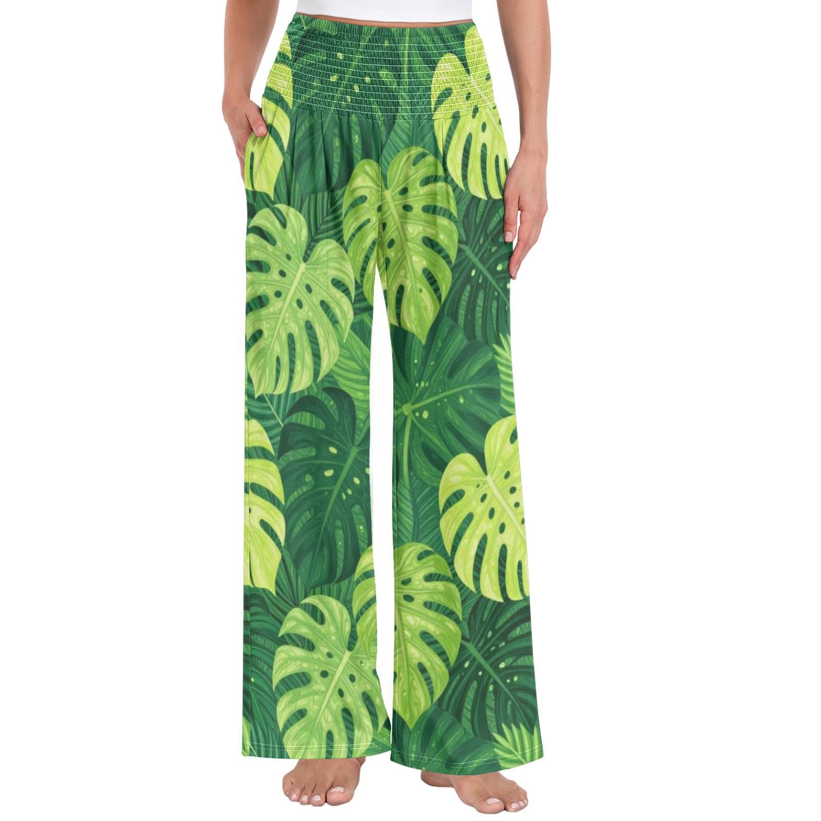 Monstera Tropic - Pantalones palazzos para mujer, resistentes a las arrugas, pantalones casuales de viaje