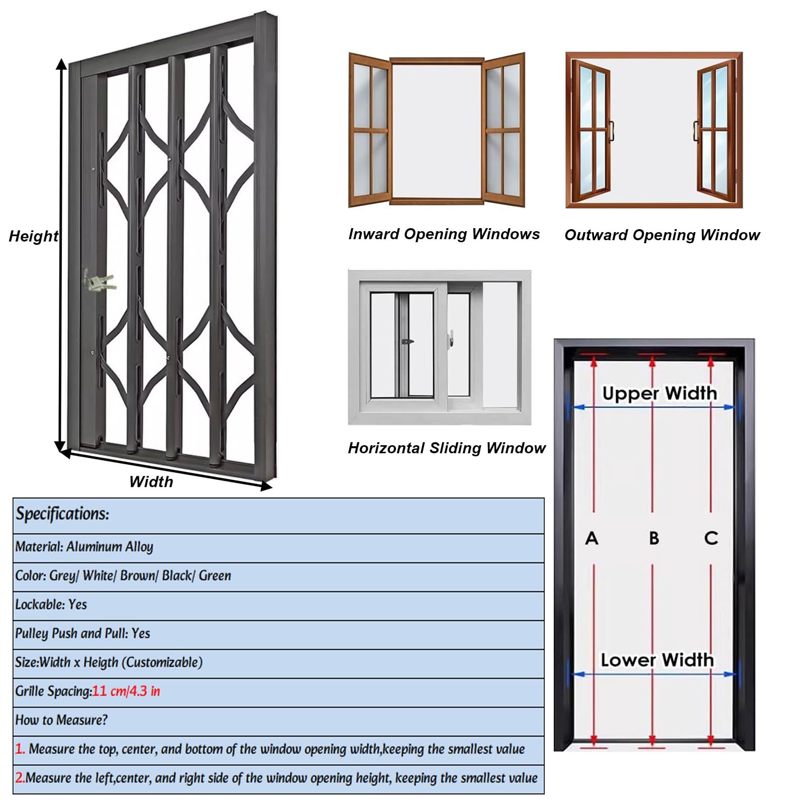 Rejas blancas antirrobo para ventanas, rejas retráctiles para exteriores que evitan robos, para puertas y ventanas correderas, protección para gatos y perros(W48xH55in/120x140cm)