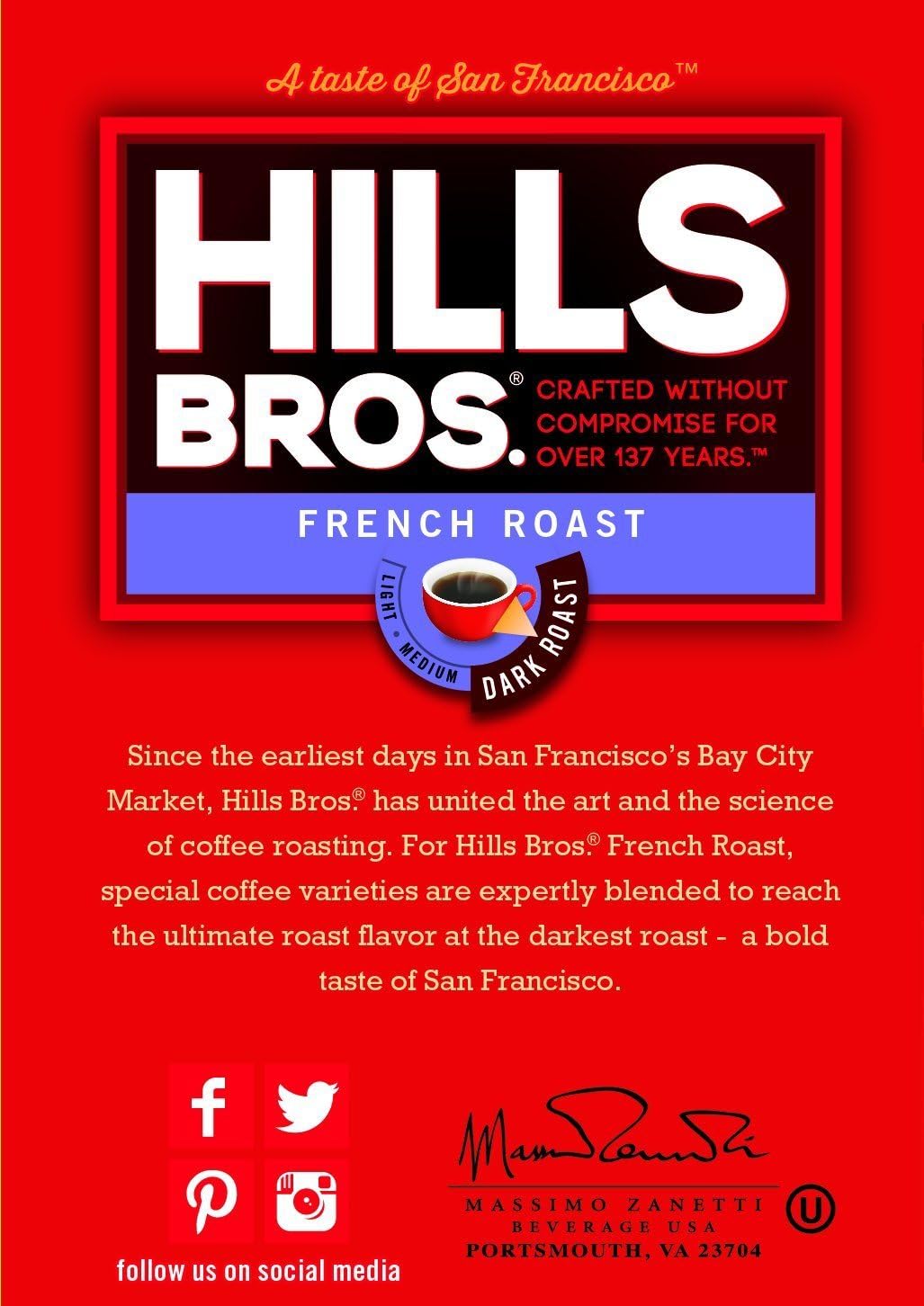Hills Bros. French Roast Ground Coffee – Premium Arabica Coffee Beans – Dark Roast, Rich Flavor Cup After Cup – Recyclable Steel Can for Freshness – Certified Kosher – 24 OZ Can