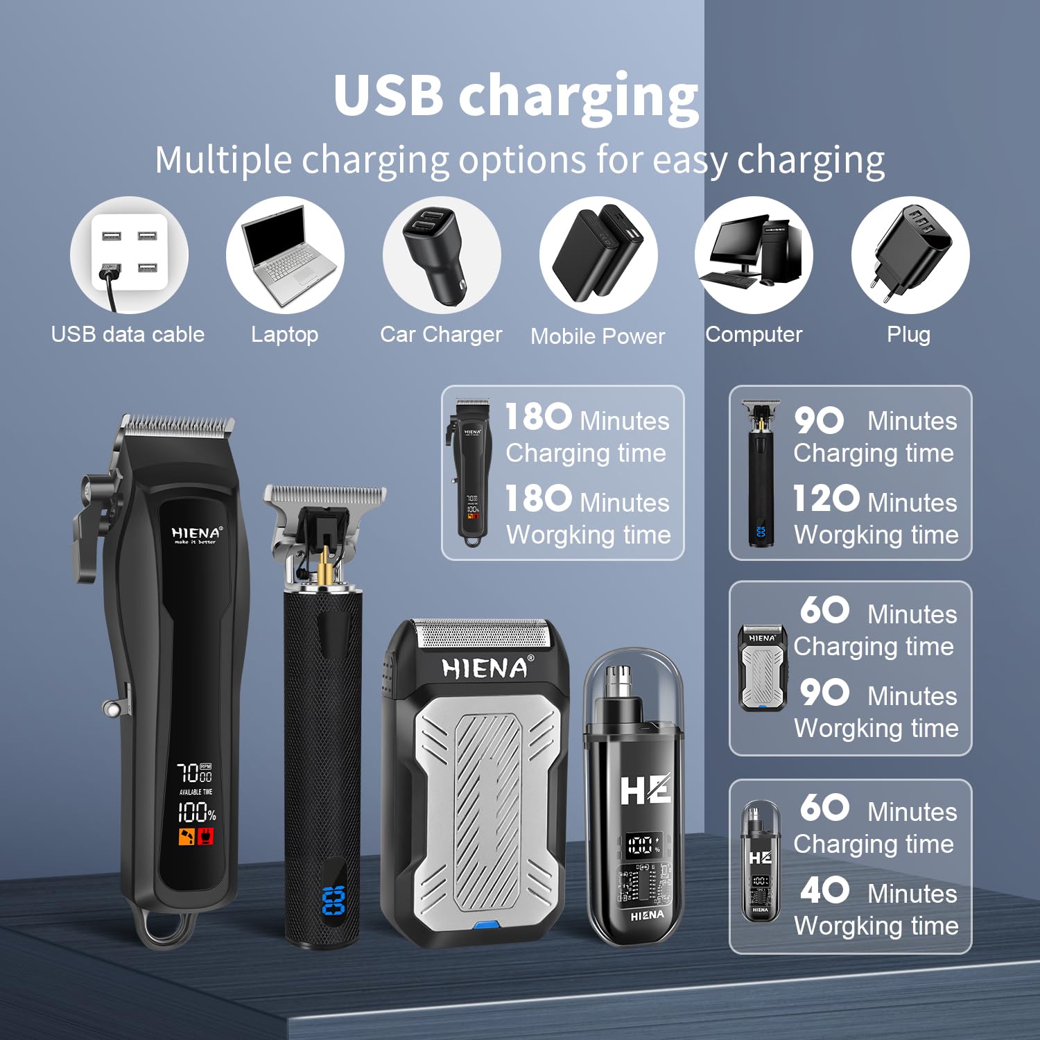 HIENA PRO Tondeuse à cheveux professionnelle sans fil pour homme, Rasoir à foil, Kit complet rechargeable USB