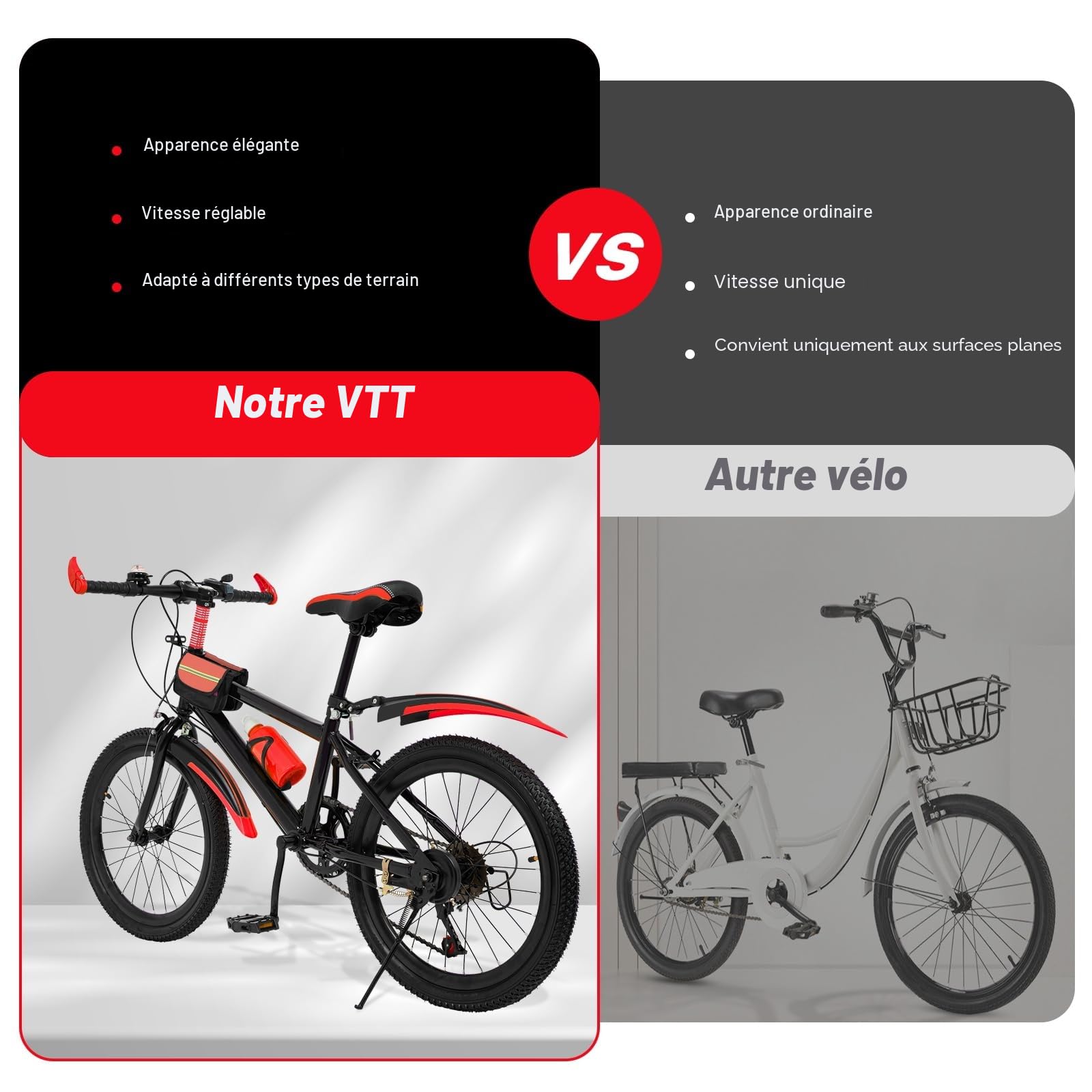 VTT 20 pouces pour enfants, 7 vitesses, hauteur réglable pour 8, 9, 10, 11, 12, 13 ans, avec fourche à suspension, bouilloire et support de rangement