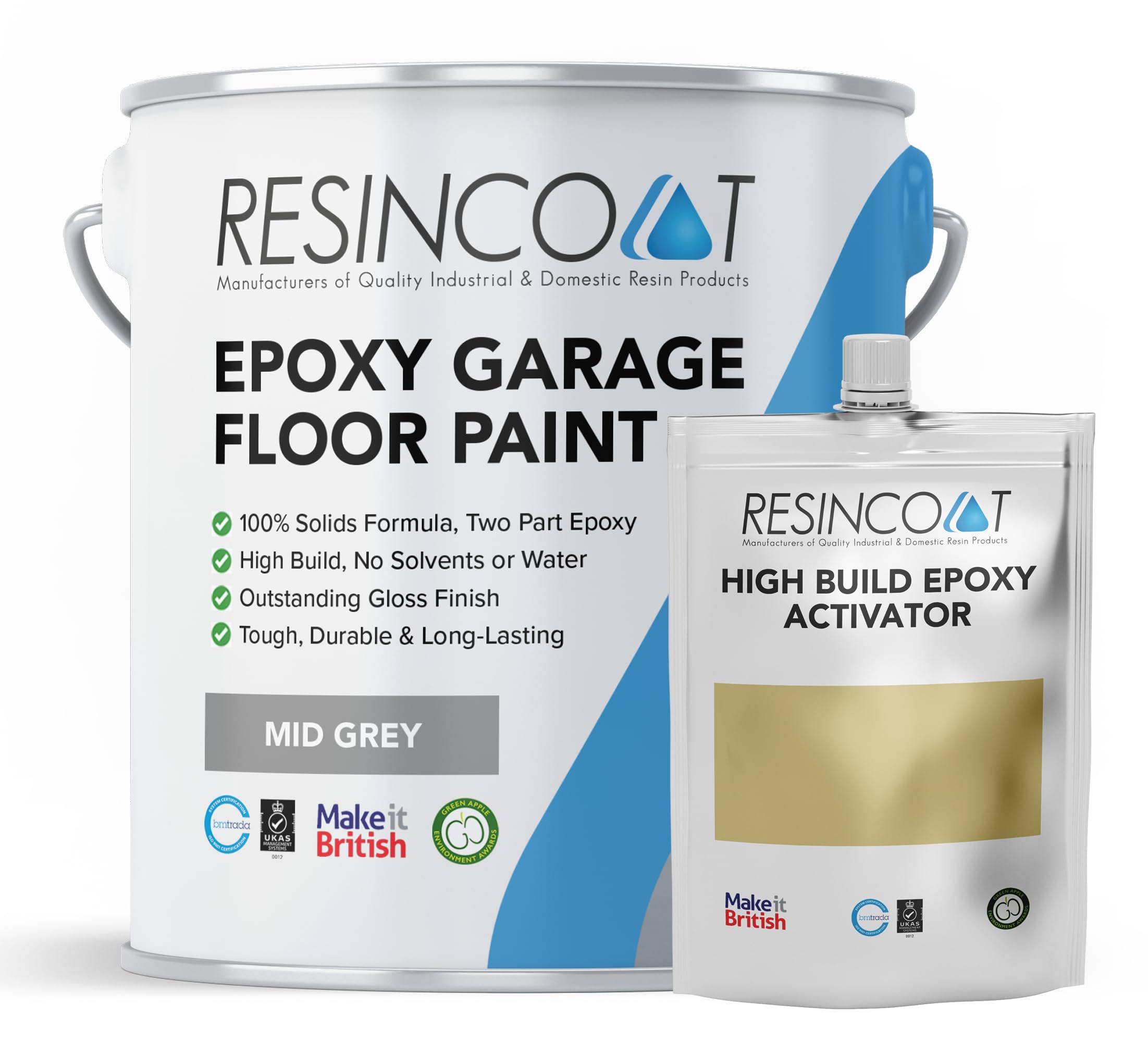 Resincoat Epoxy Garage Floor Paint – 2-Part Resin Coating for Concrete Floors – 4x Thicker & Longer Lasting Than Standard Paint – High Gloss – Easy to Mix & Apply – Made in UK - Mid Grey - 1kg