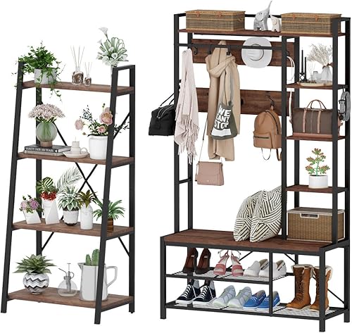 BON AUGURE Árbol de pasillo con almacenamiento de zapatos, banco de entrada reversible 5 en 1 con estantería de escalera rústica de 4 niveles,