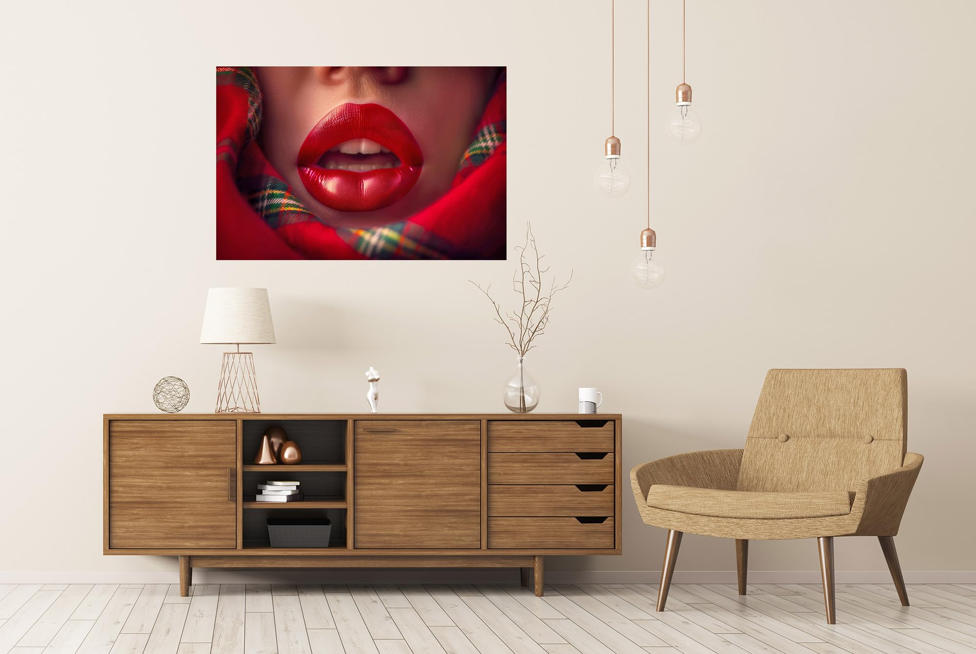 islandburner Prime XXL Poster Lèvres rouges et écharpe tartan pour chambre à coucher, boutique de mode, photos de qualité supérieure
