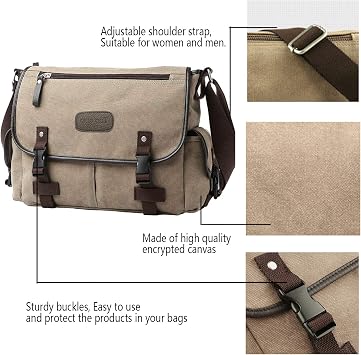 [Upgraded] Vintage Canvas Messenger Bag 13 15.6 17 inches Large Book Laptop Shoulder Bag Women Men New (Beige, Large)