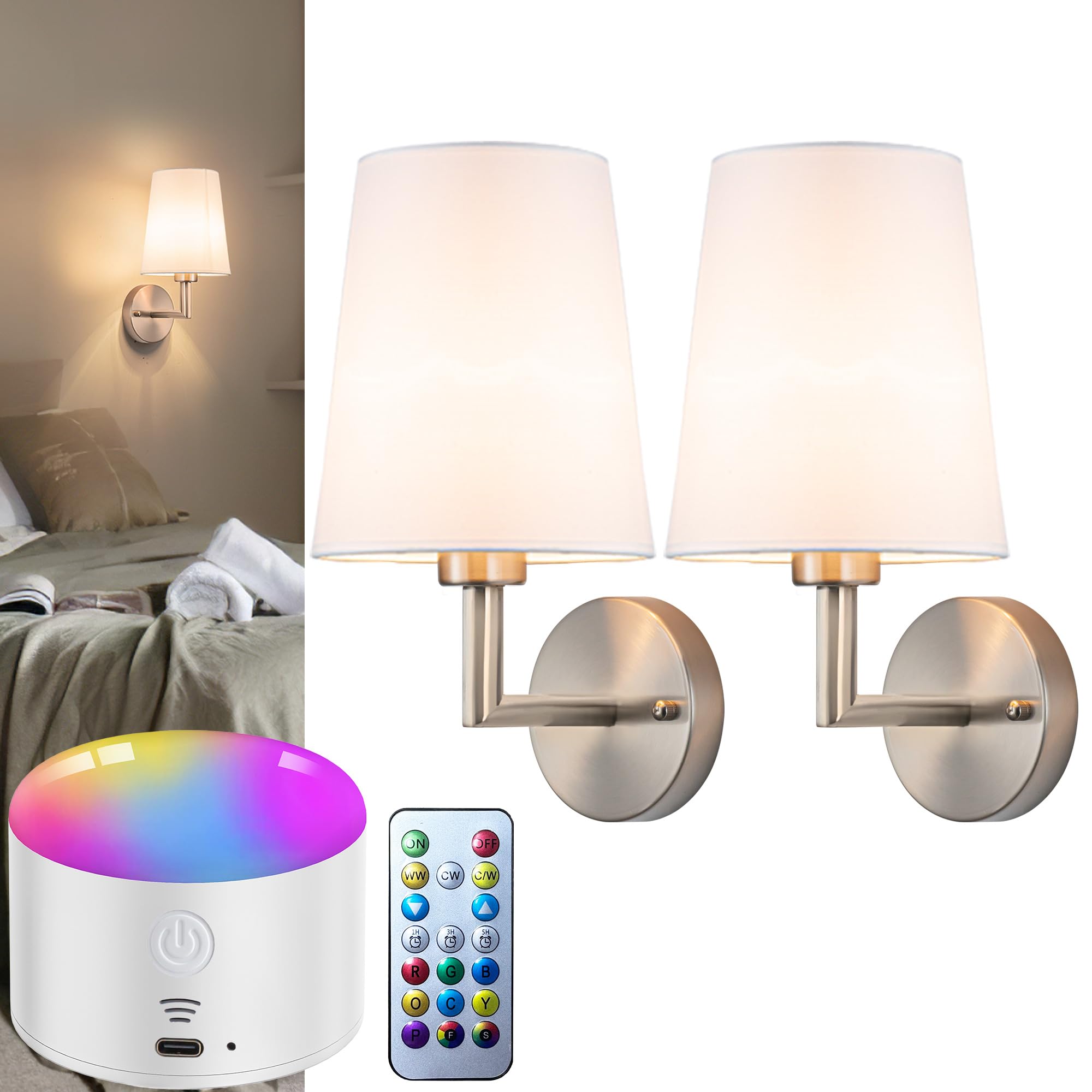 Battery Operated Wall Sconces Set Of Two, 10000mAh Rechargeable Wireless Wall Lights with Remote Control, 10 RGB Dimmable Sconce Wall Decor For Bedroom Living Room Hallway, No Electrician Required