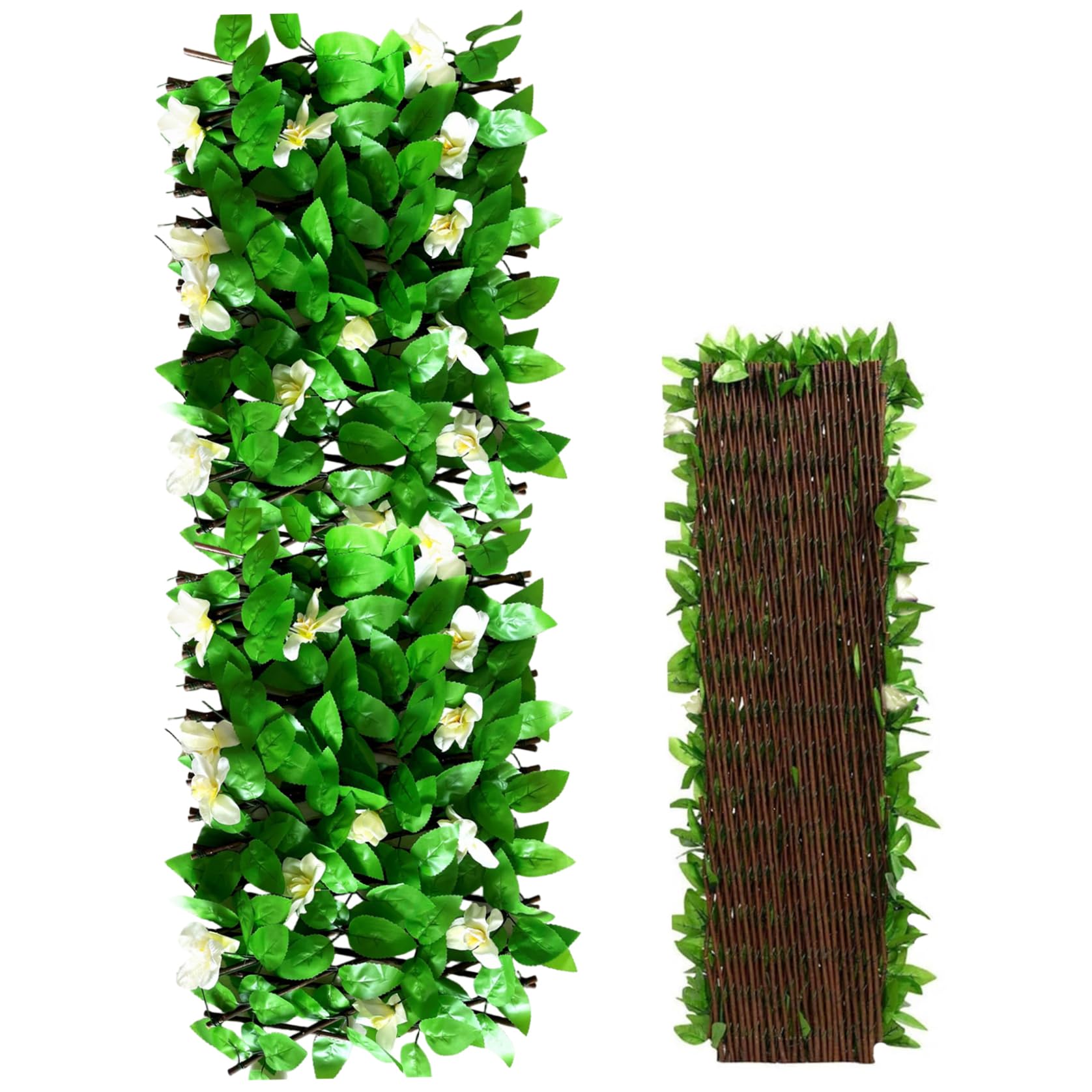 Clôture d'intimité extensible avec brise-vue feuilles en soie et décoration bois
