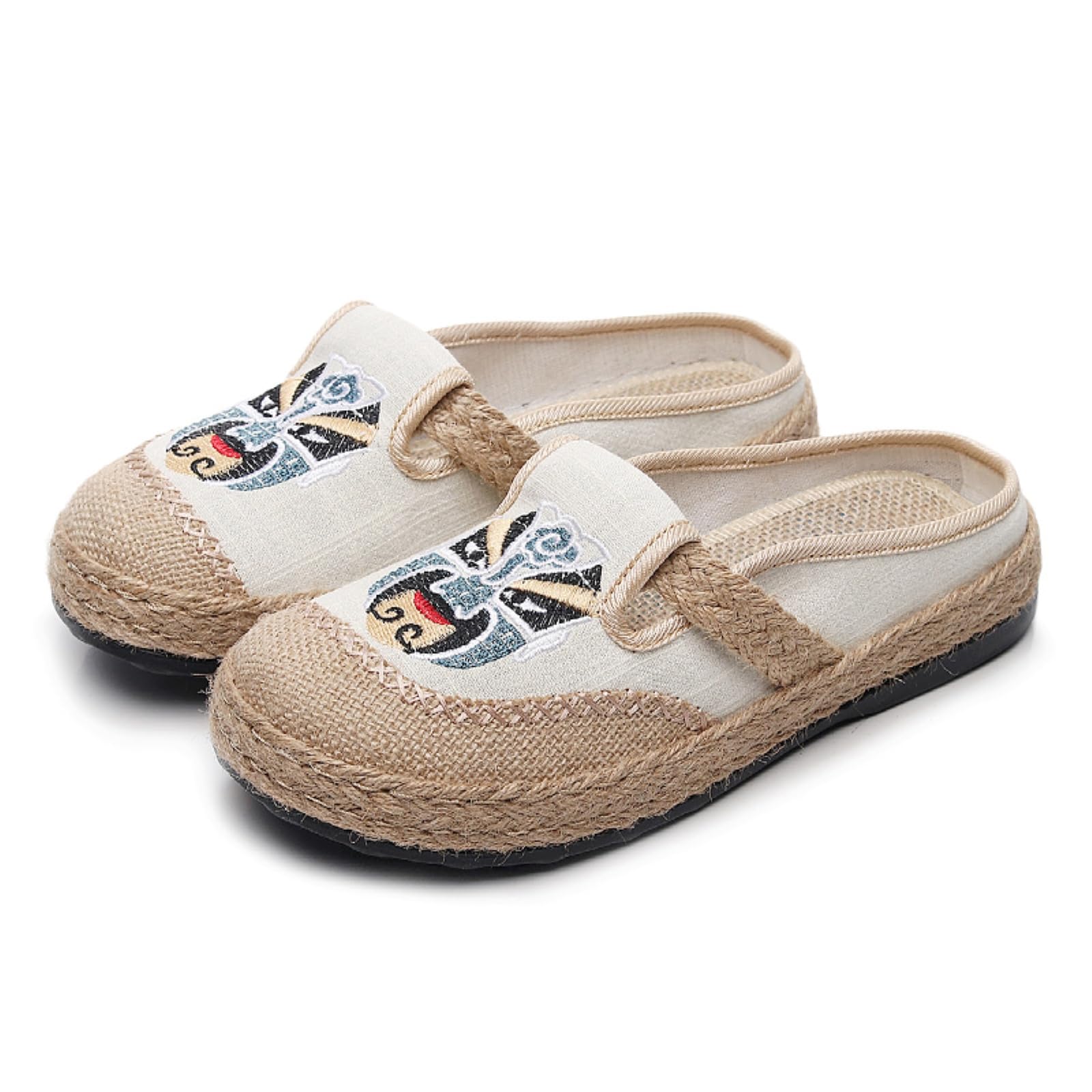 Gyios Women's Beige Clogs & Mules Chinese Opera Mask Embroidery Linen Mule Slippers, Slip-On Flat Pu Sole Casual Shoes For Dresses Pants Daily Wear-41