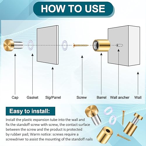 Miniatura 4 de Ferraycle 8 juegos de tornillos de separación de acero inoxidable para publicidad, montaje de metal para colgar marcos de fotos acrílicos (0.47 x