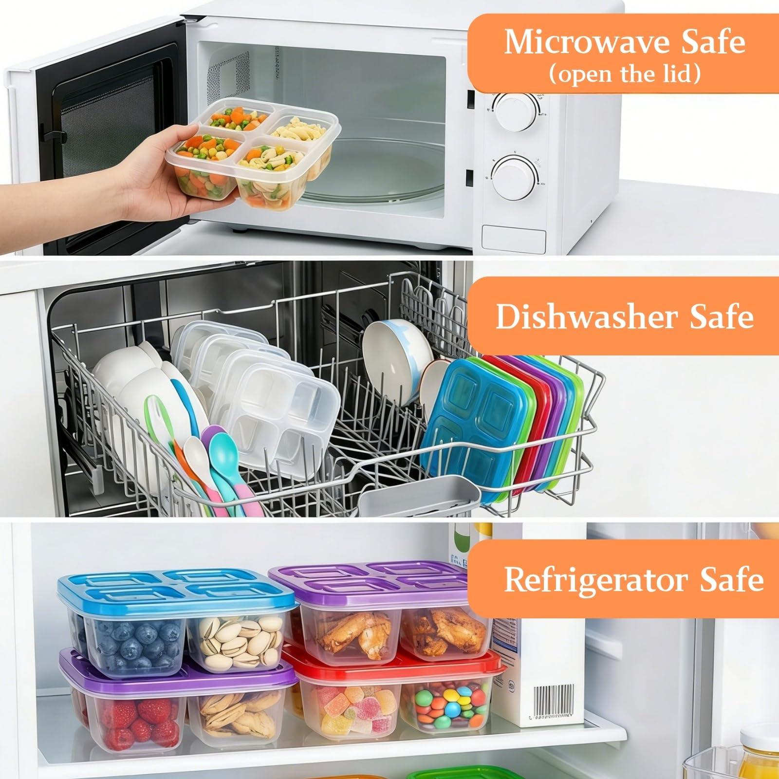 AVLA Paquete de 10 cajas Bento para aperitivos, recipientes reutilizables para preparación de comidas, 4 compartimentos para llevar, contenedores apilables divididos de almacenamiento de alimentos