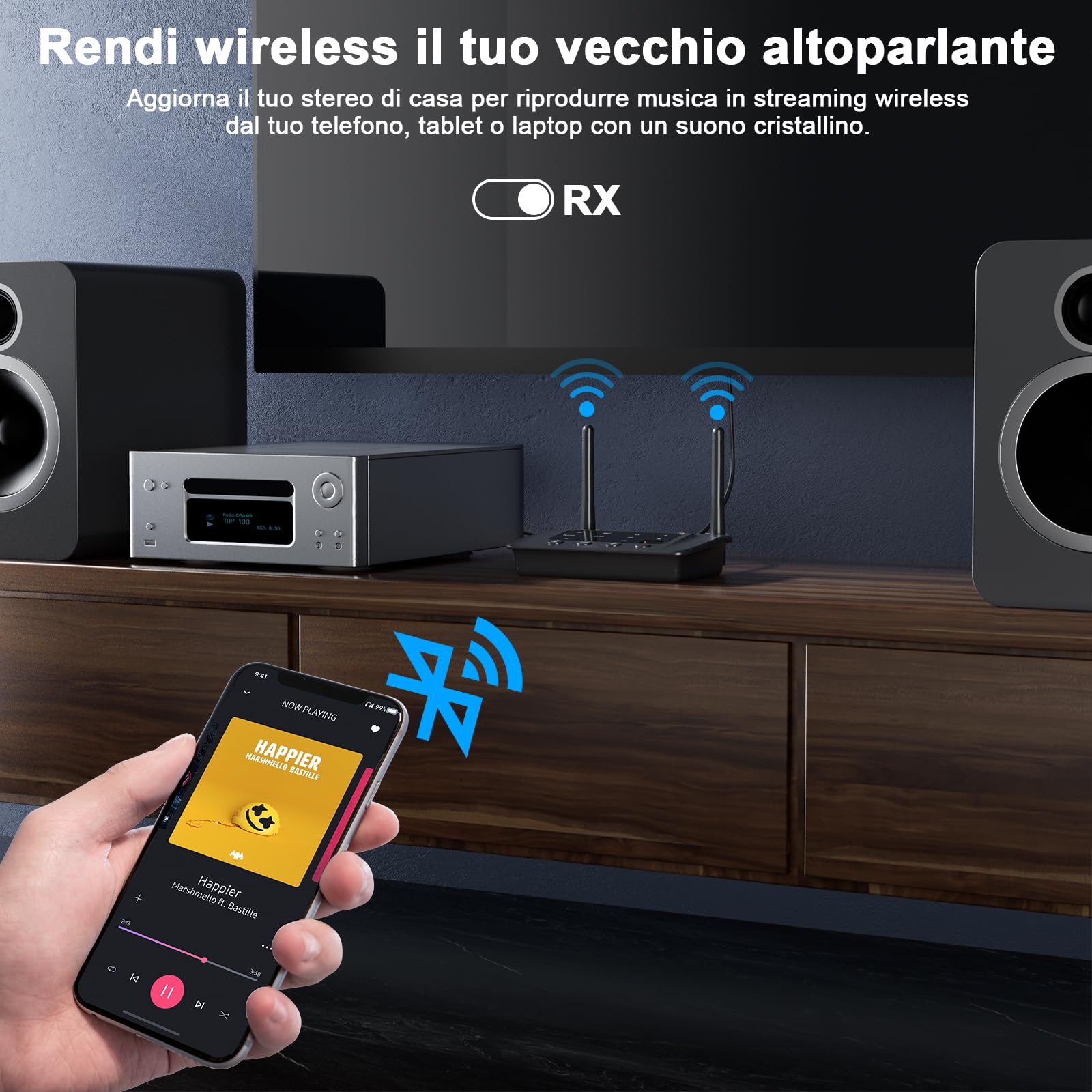 1Mii B03S Trasmettitore Ricevitore Bluetooth 5.3 per TV Cuffie, Adattatore Audio HiFi con Chip DAC ESS, aptX LL/Adaptive/HD, Ottico/Jack 3.5mm AUX (RCA), Lungo Raggio per PC/Stereo, Dual Link