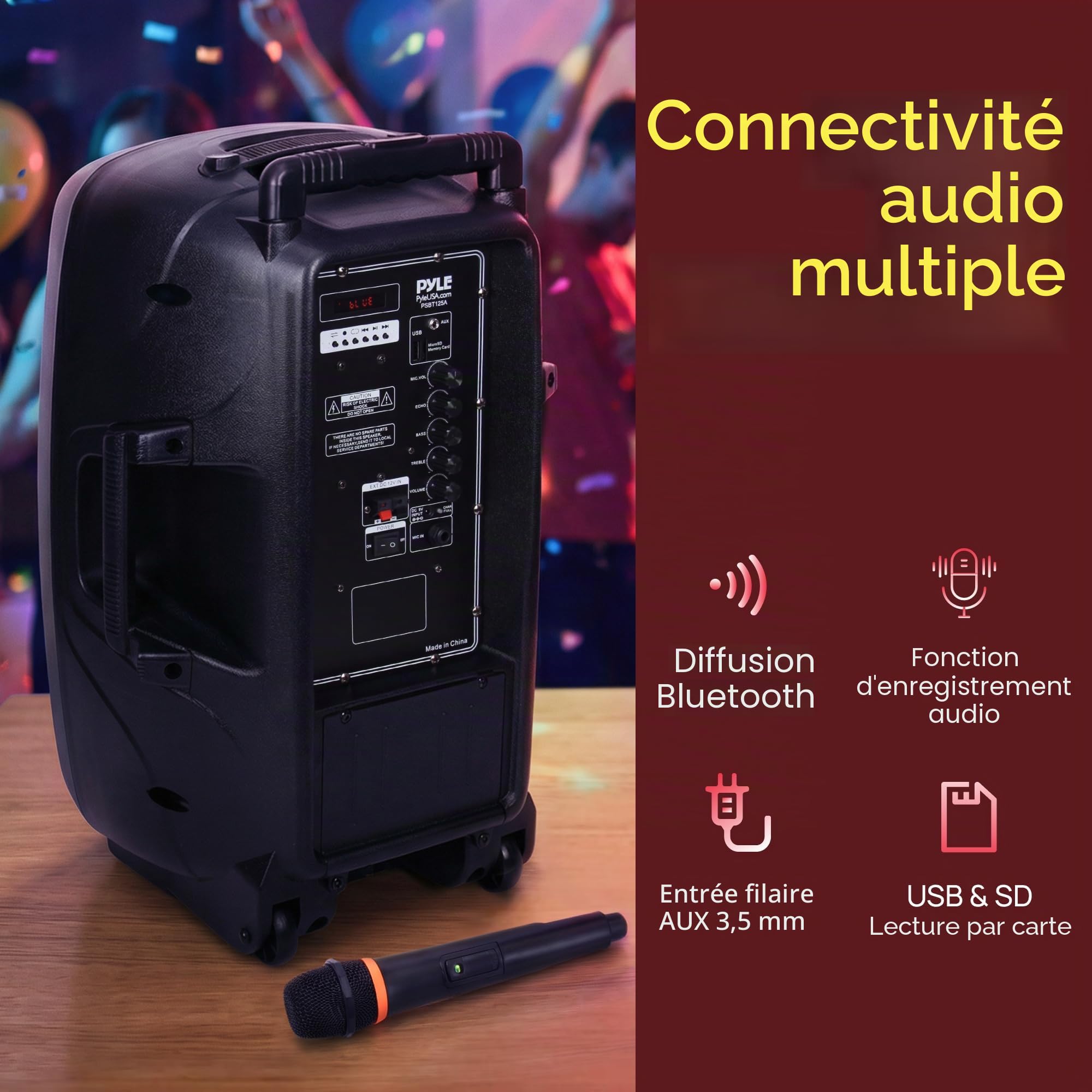 Pyle Enceinte Bluetooth Portable,1200W, Haut Parleur Bluetooth avec Subwoofer,Lumières Indicatrices de Batterie LED avec Batterie Rechargeable Intégrée, Lecteur MP3/USB/SD, Microphone sans Fil, Noir