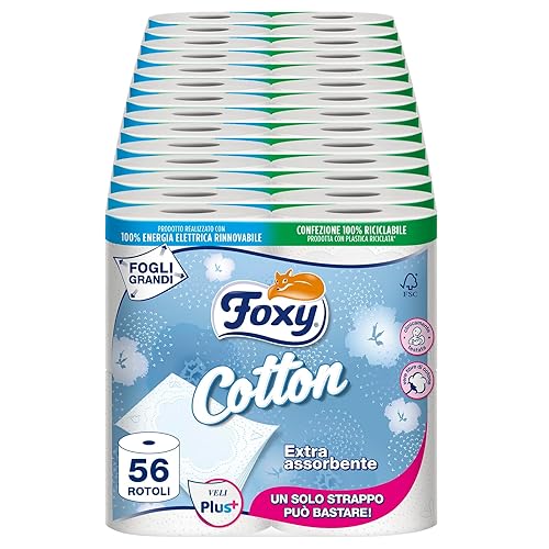 Immagine del prodotto Foxy Cotton, Carta Igienica 5 Veli, 56 Rotoli, 115 Strappi per Rotolo, Fogli Extra Large, con Vere Fibre di Cotone, Carta 100% Certificata FSC, Confezione 100% Riciclabile
