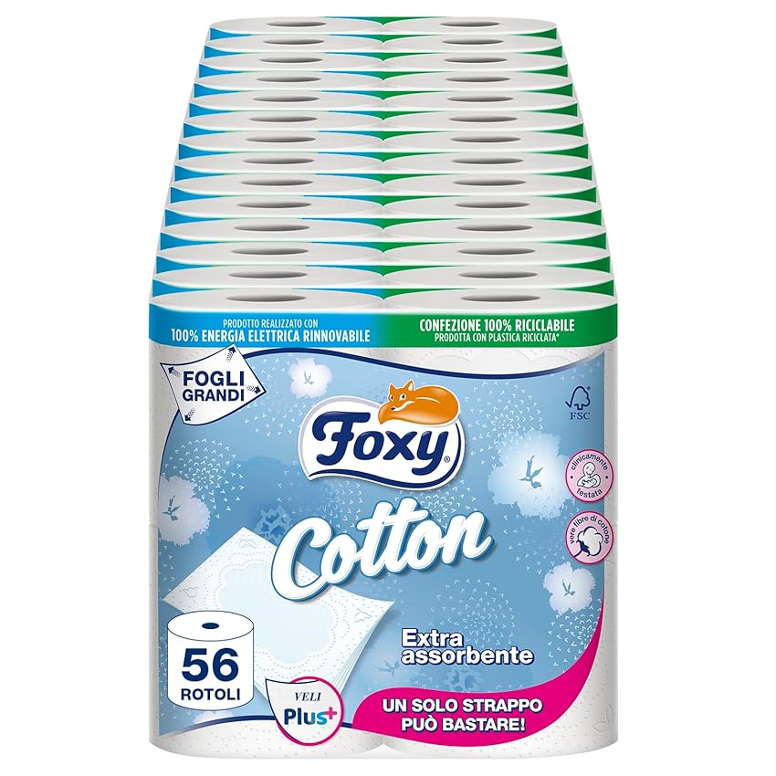 Immagine del prodotto Foxy Cotton, Carta Igienica 5 Veli, 56 Rotoli, 115 Strappi per Rotolo, Fogli Extra Large, con Vere Fibre di Cotone, Carta 100% Certificata FSC, Confezione 100% Riciclabile