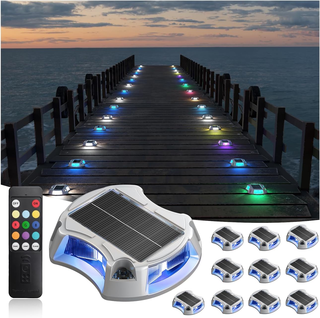 LumiZen Upgraded Solar Driveway Lights with Remote Control 12 Pack, 9 Color Changing & 12 Modes IP68 Waterproof for Marine Dock Deck and Walkway Pathway Garden Yard, RGB LED Outdoor Markers Landscape