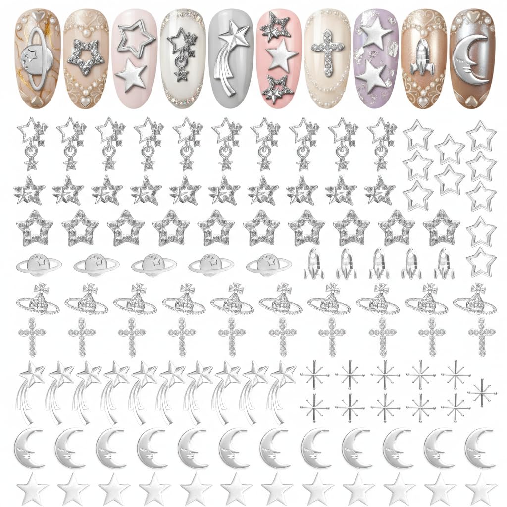 110 Pcs Silver Nail Charms and Gems - Complete Art Set with Cross, Planet, Piercing Ring & Silver Star Nail Charms Designs with Rhinestones - Easy-to-Apply, Sturdy Acrylic for Stylish Manicures