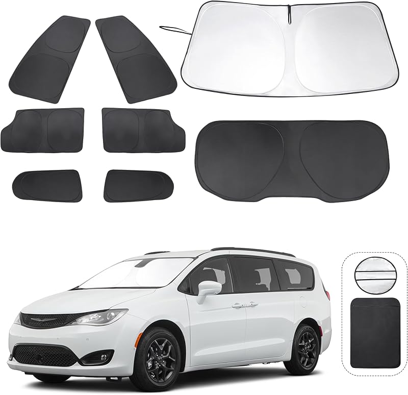 Kit de Protetores Solares para Janelas TINGLU Compatível com Chrysler Pacifica 2017–2026, Modelo Sob Medida, Cor Preta, 8 peças