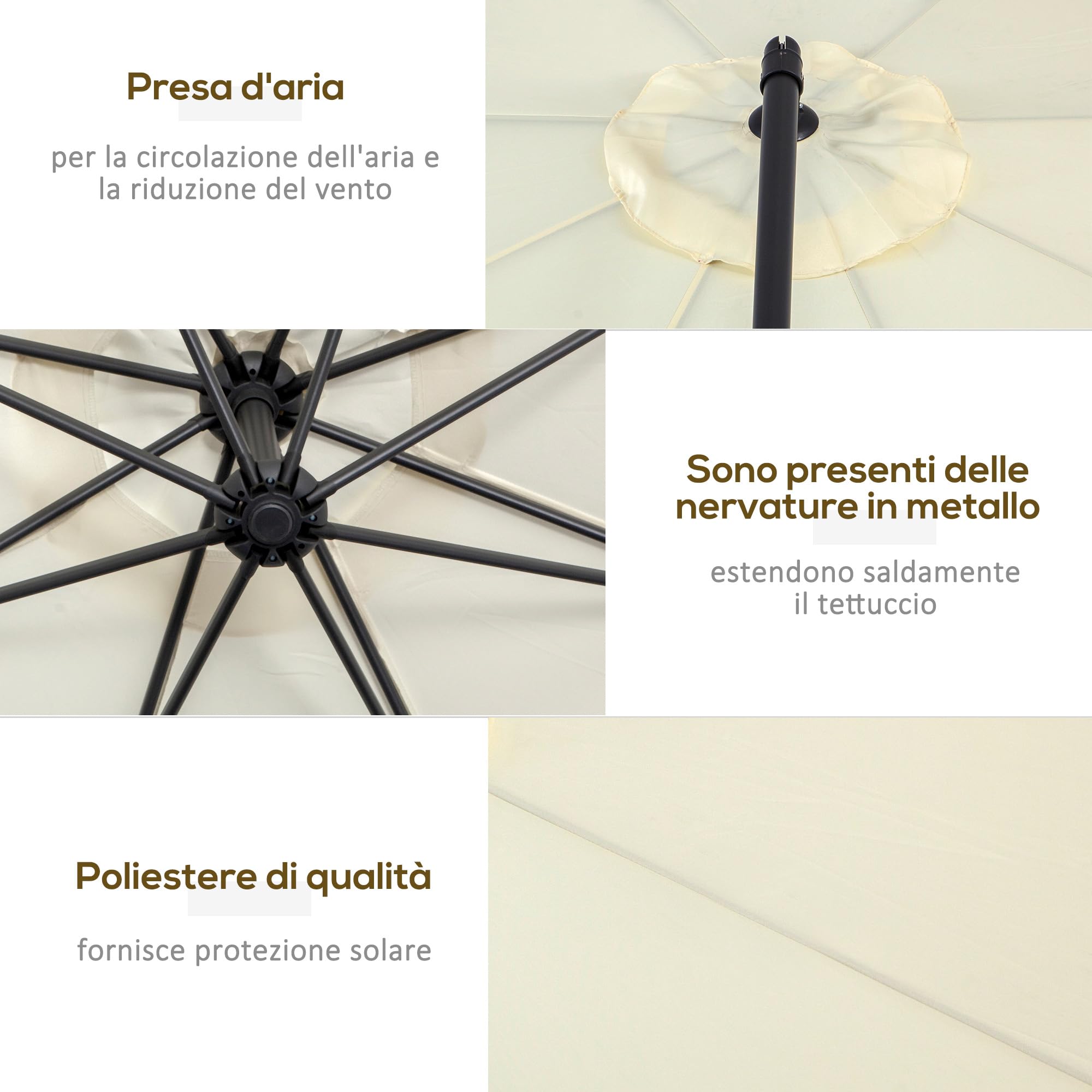 Outsunny Ombrellone da Giardino Ø3x2.5 m Inclinabile, Ombrellone Decentrato con Base a Croce e Manovella, in Metallo e Poliestere a Stecche, per Esterno Balcone Resistente ai Raggi UV, Beige