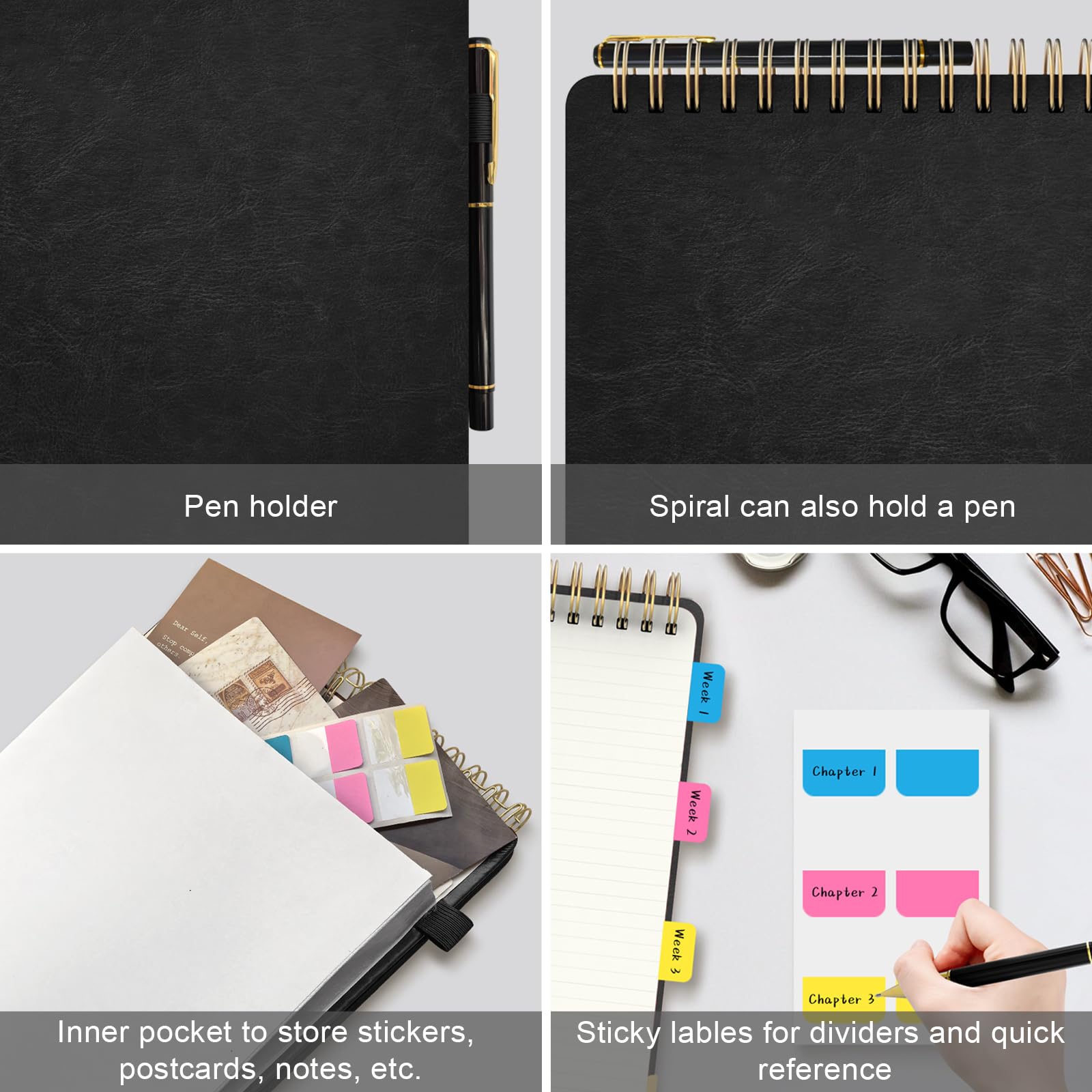 Mousbull Carnet à spirales A4 en cuir de 240 pages pour le travail, 21,6 x 27,9 cm, papier épais de 100 g/m², pour gaucher - Pour bureau, collège, école - Noir