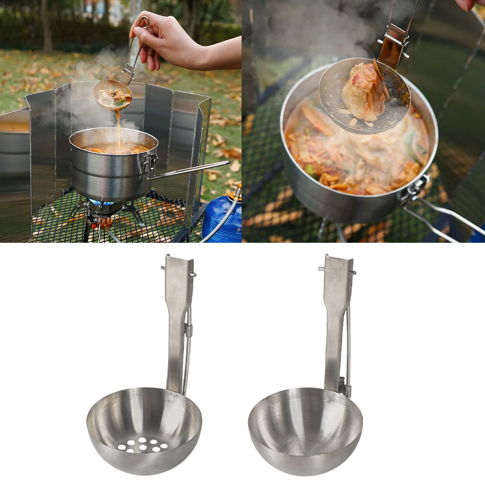 BOLOUY Stainless Steel Soup Ladle/Colander Camping Cutlery Portable Foldable Outdoors Camping Spoon for Outdoors,Travel