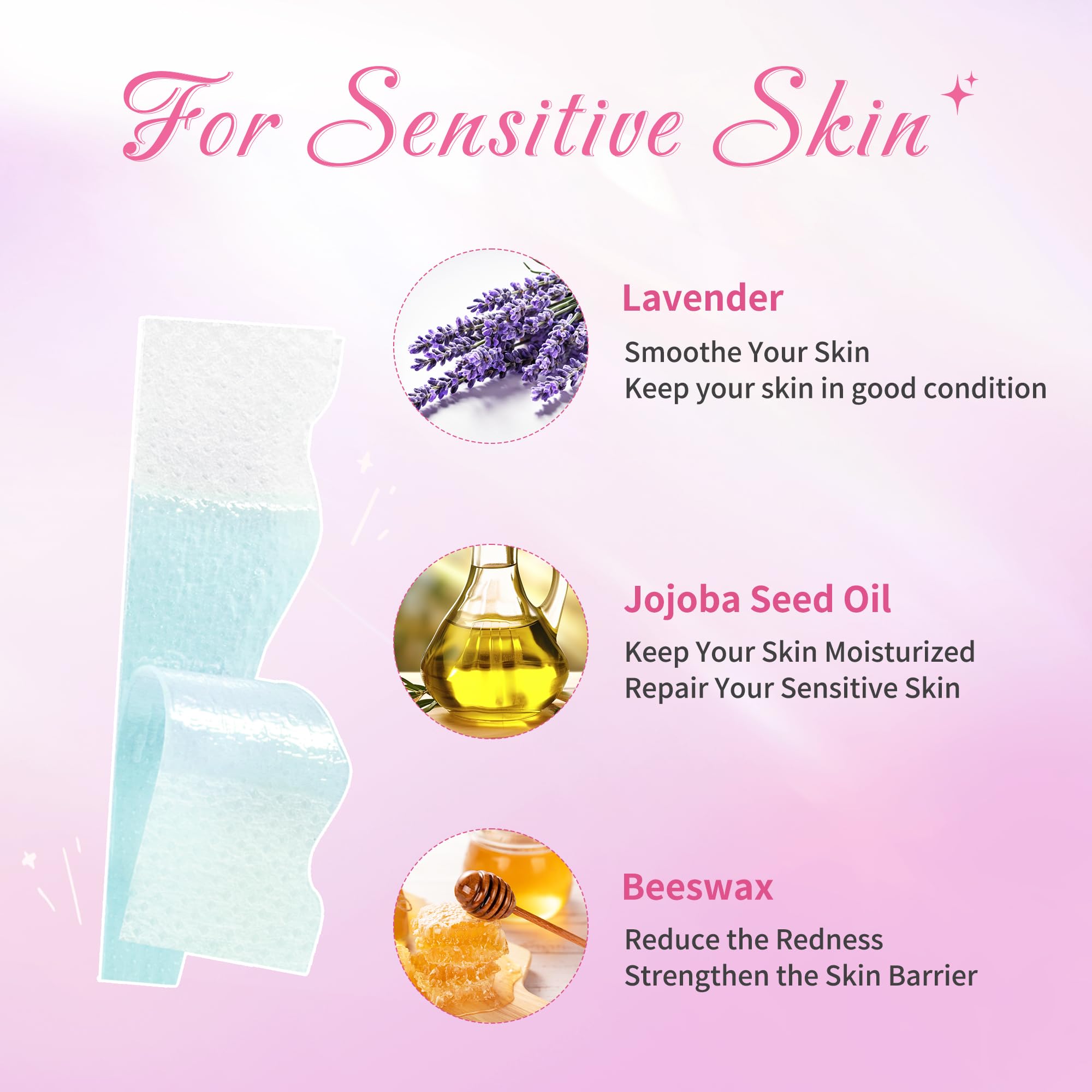 Facial Hair Removal Wax Strips for Upper Lip - 20 Strips and 4 Oil Wipes for Women's Face - Cold Wax for Sensitive Skin with Lavender - Image 3