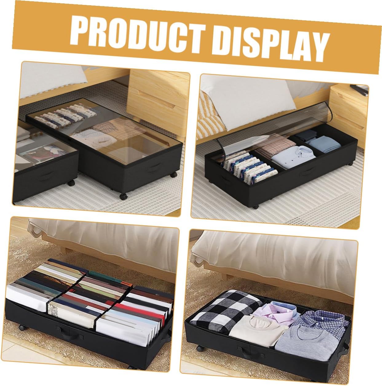 ARTIBETTER Bed Storage Organizer Box with Wheels, Large Capacity Oxford Cloth Clothes Organizer Bag, 3-compartment Dustproof Storage Cart for Bedding, Black