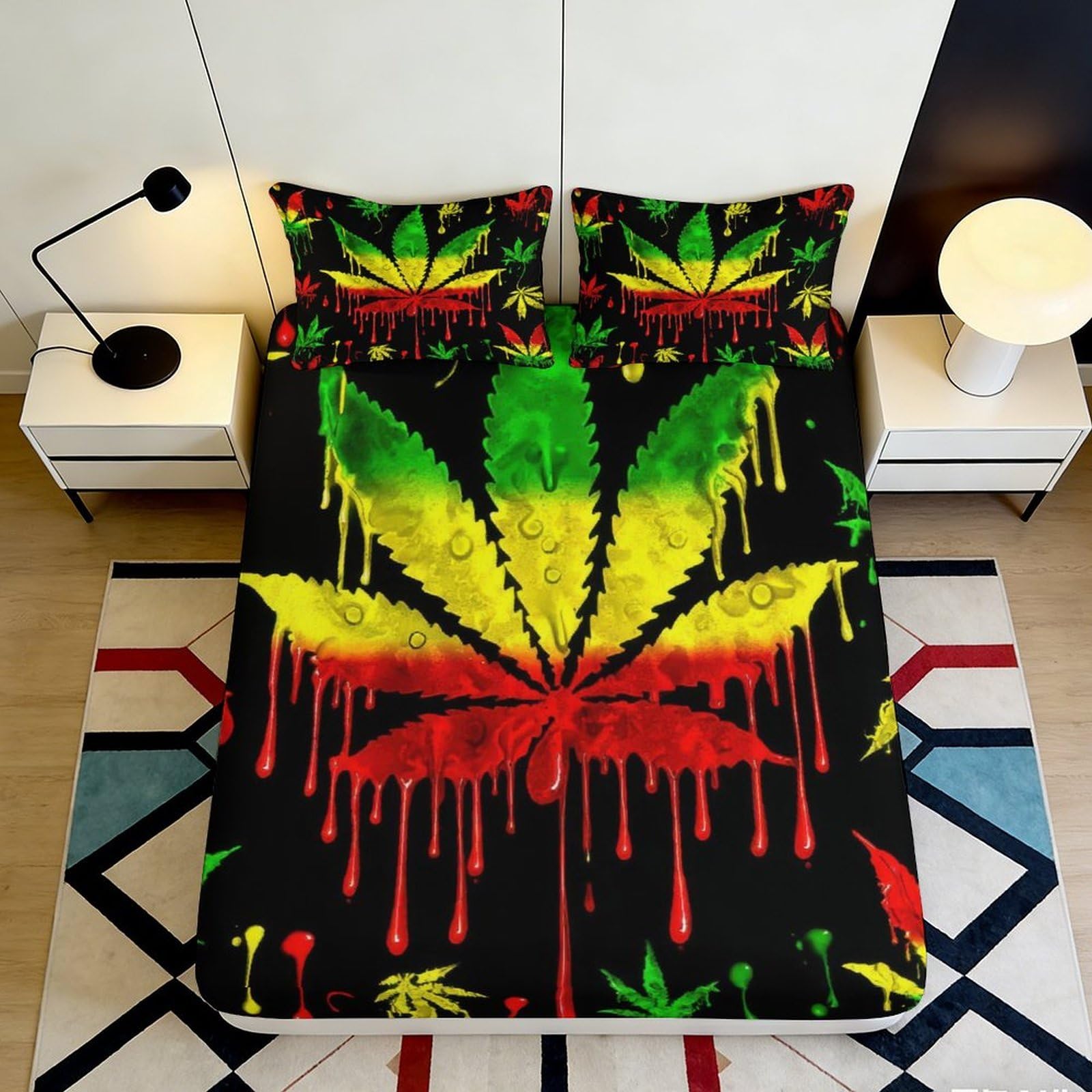 3D Printed Rasta Leaf Fitted Sheet Microfiber Soft Vibrant Dripping Paint Bed Cover for Bedroom Dorm Mattress Decor 90x200x25cm