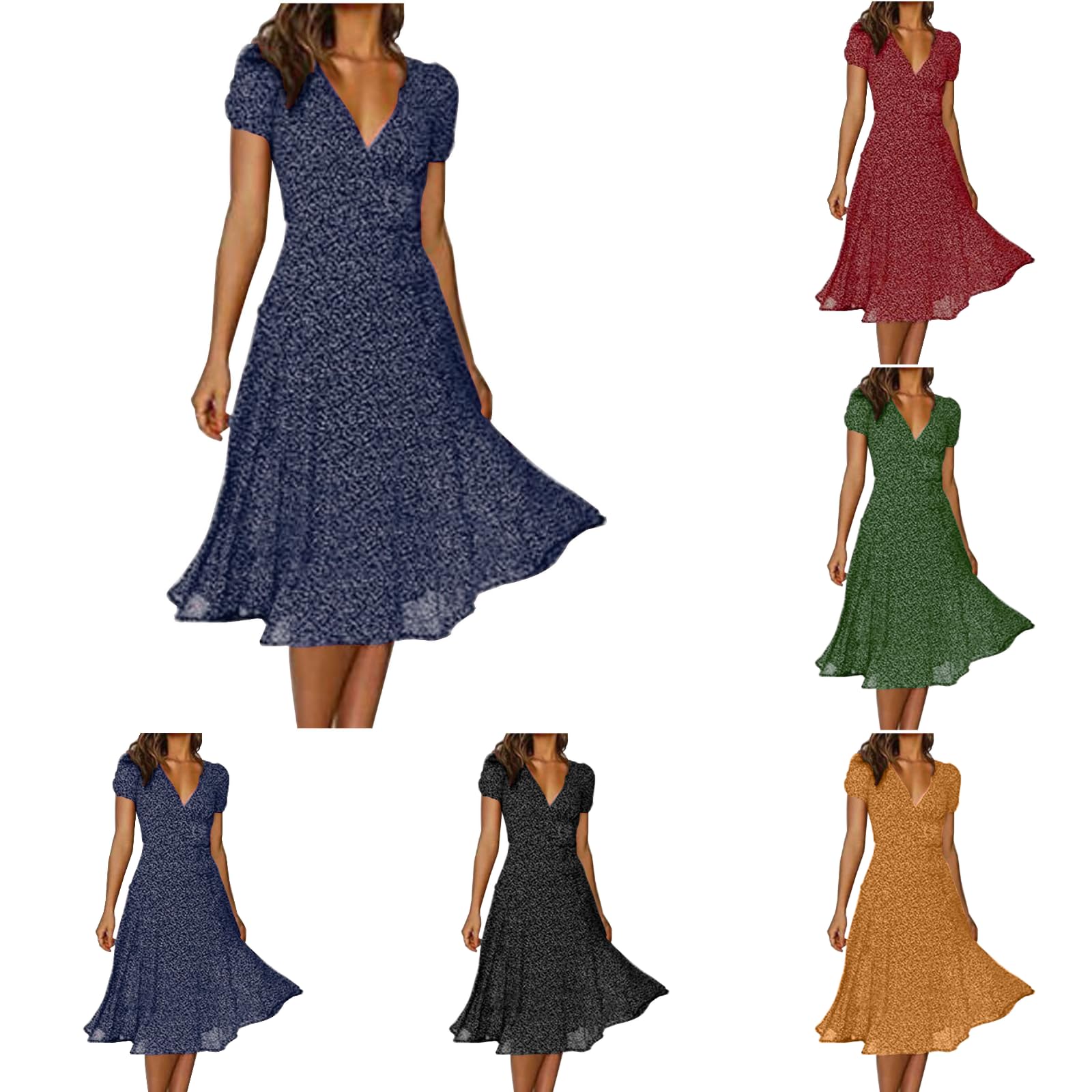 Genérico Vestido Largo Mujer Verano Flores Elegantes Transpirable Vestidos Largos Vestido Casual Tallas Grandes Vestido con Estampado de Lunares de Color Liso con Cuello en V Informal de Verano Para Mujer