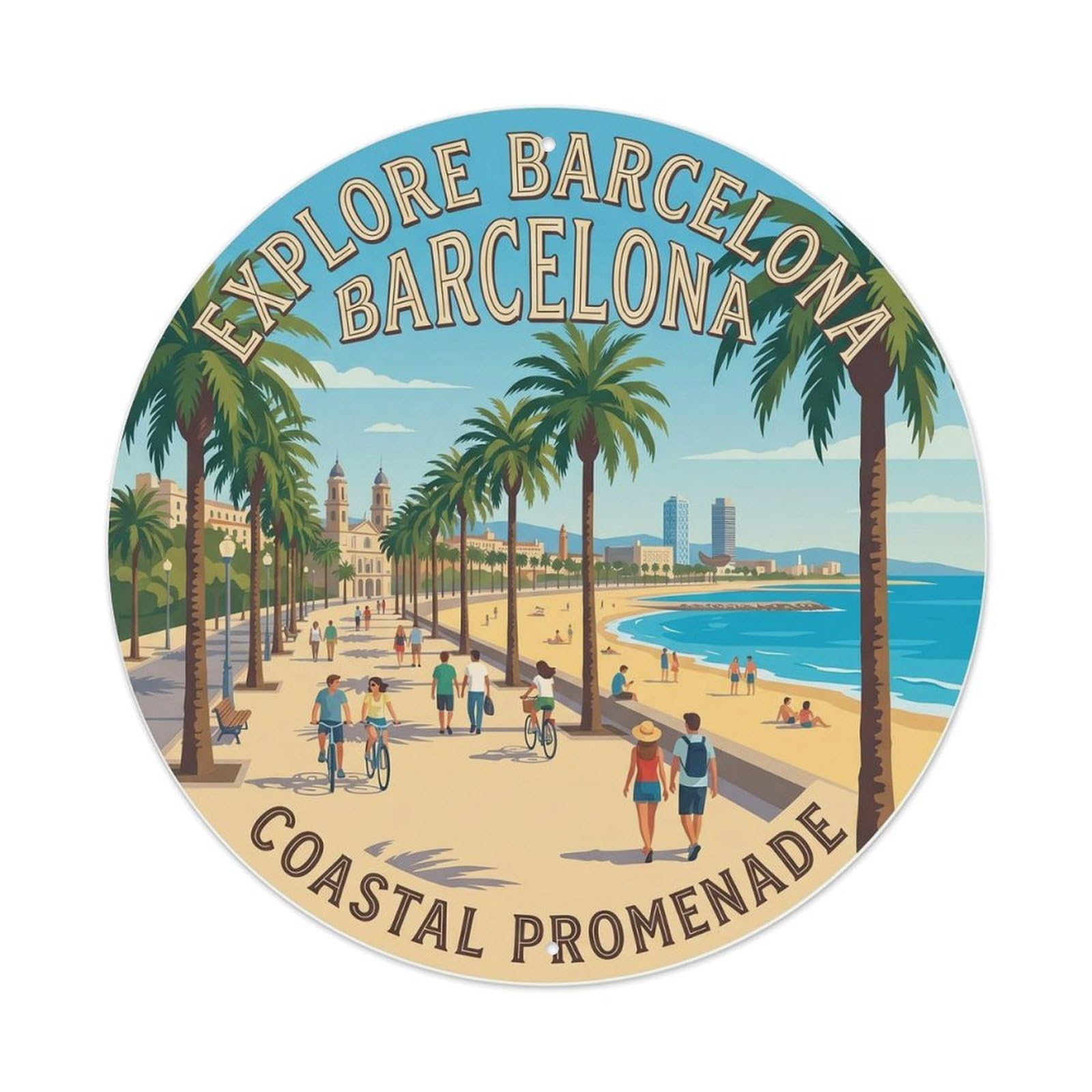 Mediterranean Barcelona Promenade Catalan Explore Travel Metal Tin Sign Plaque Wall Decor for Cafe, Man Cave, Club Bar, Office, Home Garden Round Metal Poster 8x8Inch