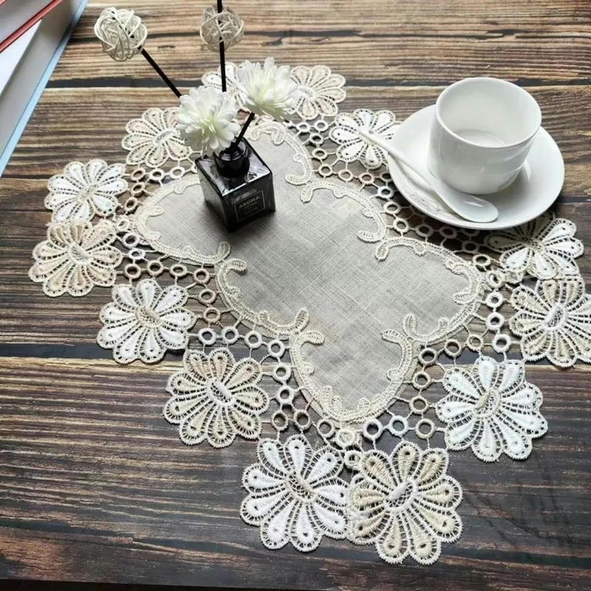Chemin De Table Dentelle Napperons En Lin Beige - Lot De 2 - Style Vintage Avec Dentelle Tissu Dentelle