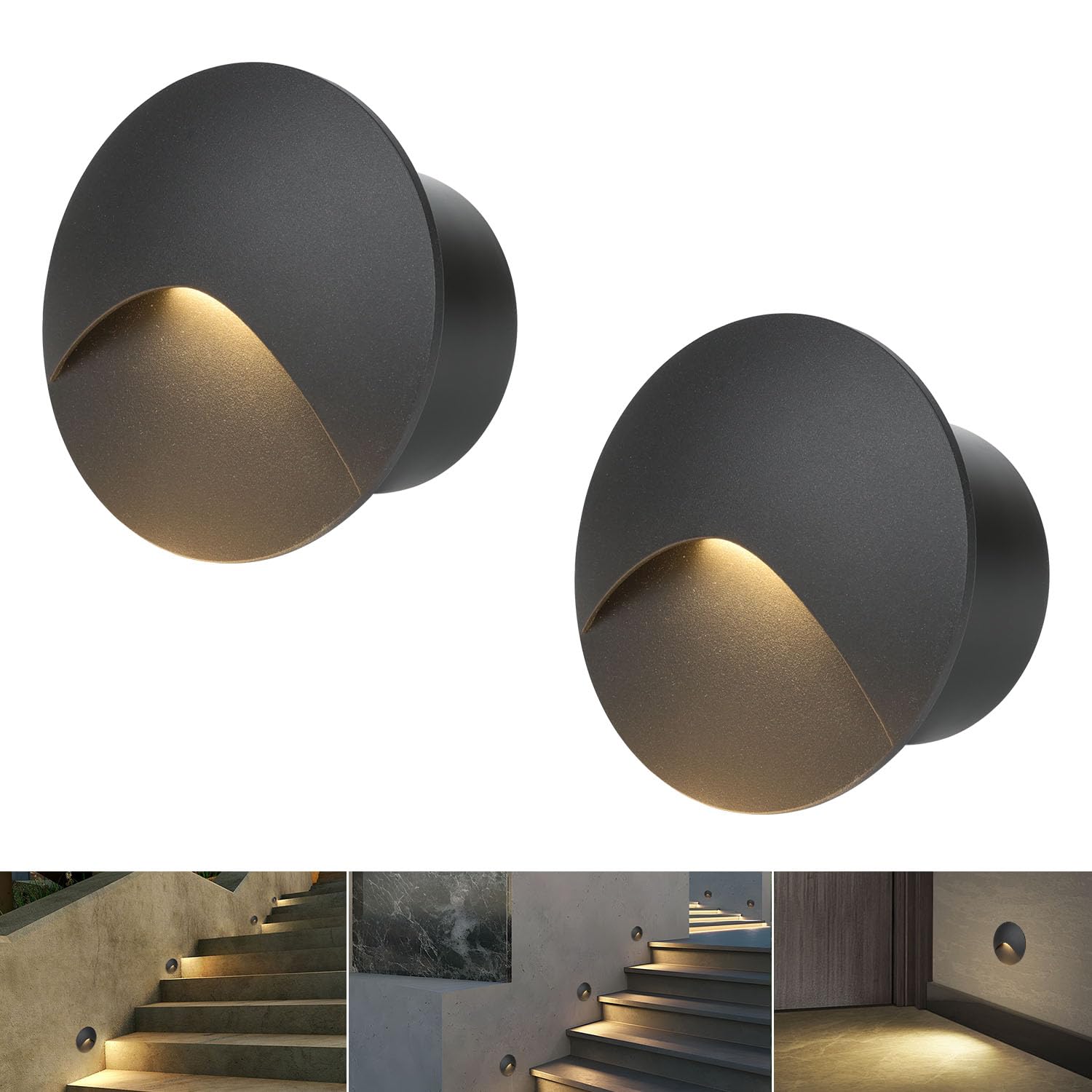 Arotelicht 2er LED Wandleuchte Aluminium Warmweiß 3000K 3W Treppenbeleuchtung IP44 Wasserdicht Treppenlicht 230V Rund Wandeinbauleuchte Treppenleuchte Innen Außen Schwarz Stufenlicht, Unterputzdose