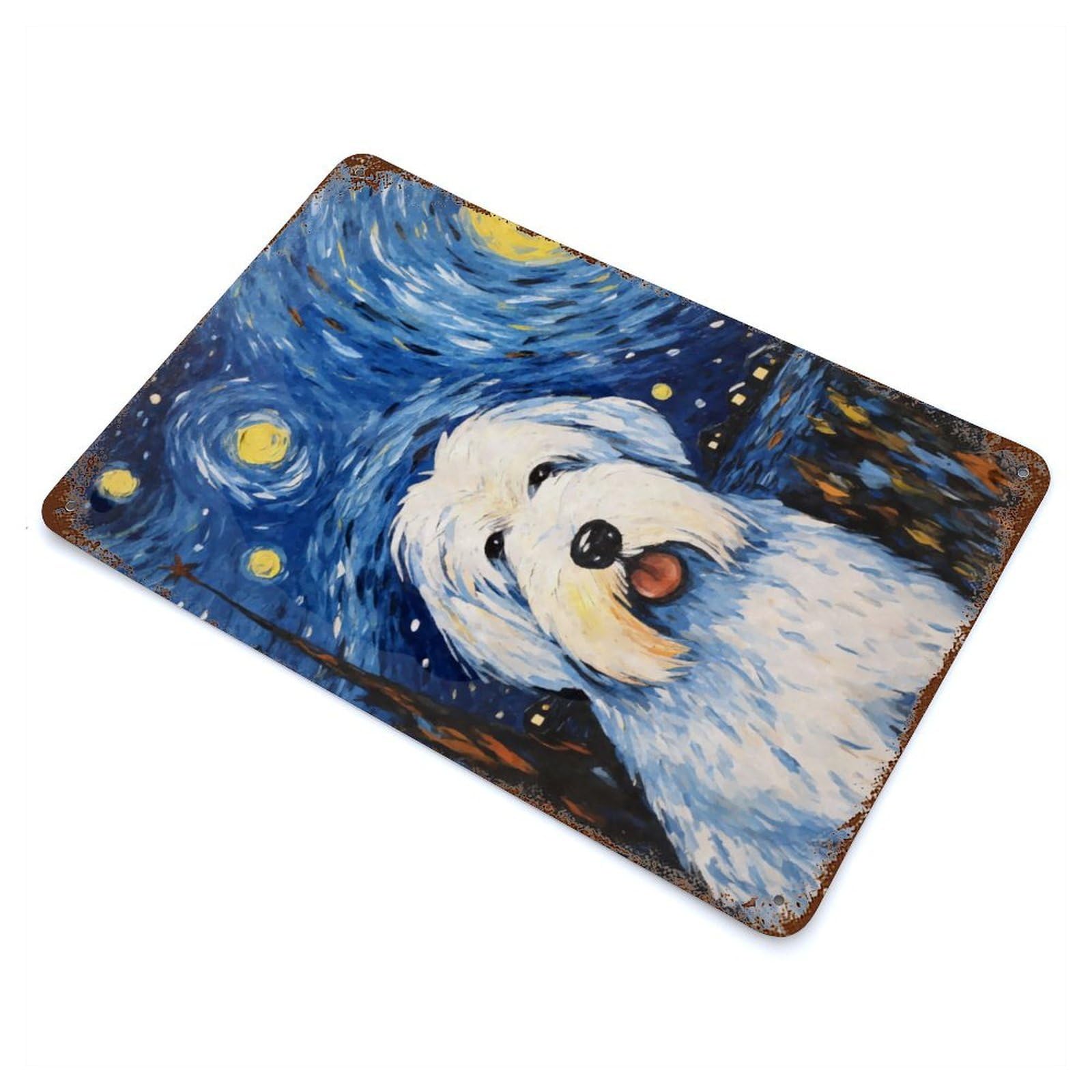 Old English Sheepdog Night Rustic Tin Plaque 11.8"x7.9", for Living Room, Hallway And Home Decor, Decorative Metal Wall Art