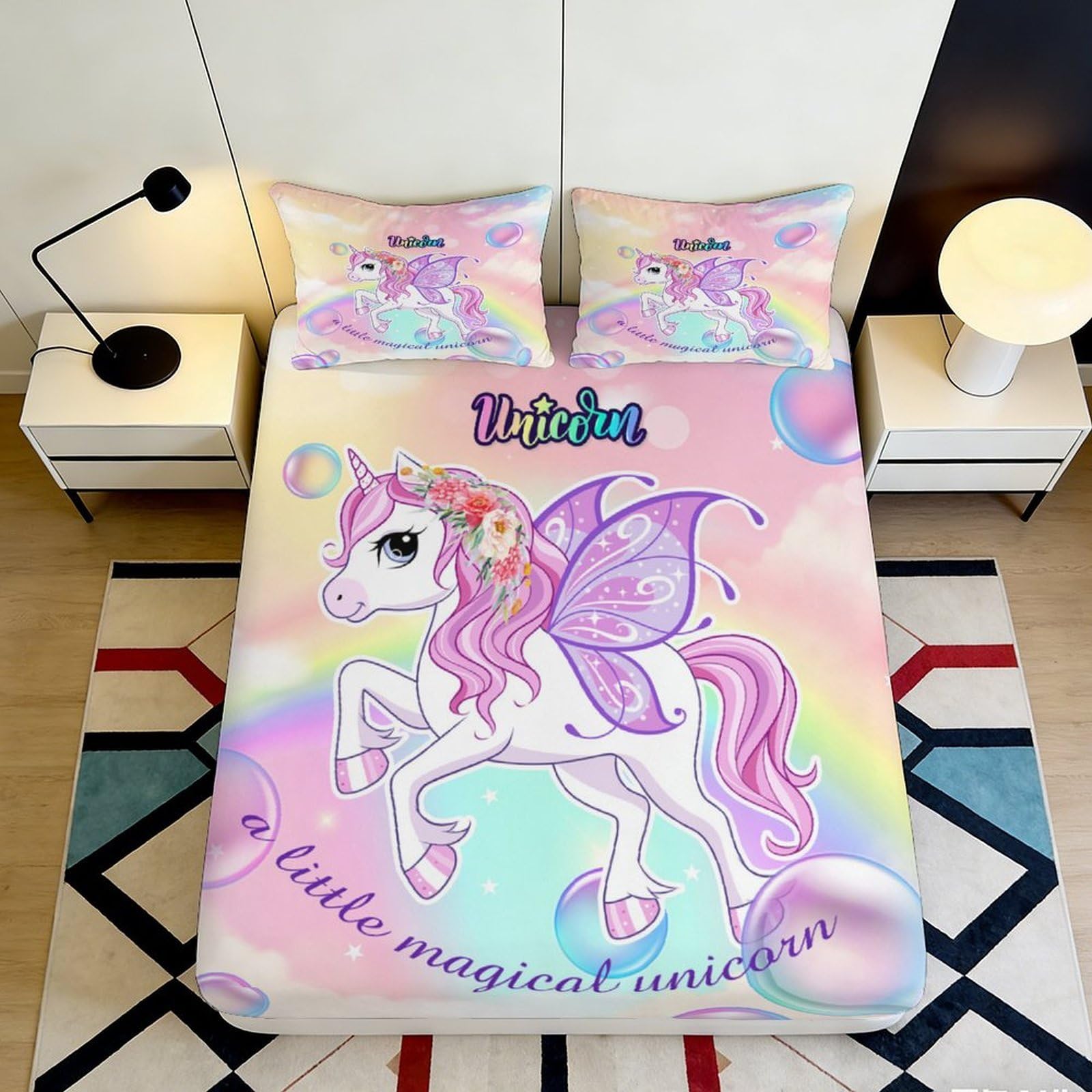 3D Printed Fantasy Unicorn Fitted Sheet Microfiber for Adult Teen Bedroom Bedding Unicorn Mattress Fitted Cover Deep Pocket Non-Slip Washable Full Wrap 180x200x25cm