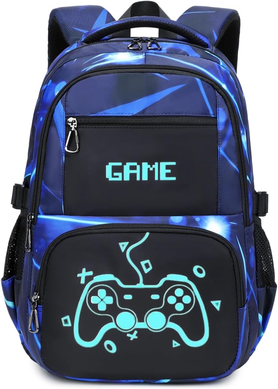 Kids Backpack Boys 18in Cool Luminous Game Bookbag Elementary Teens School Bag Age 6-12 (Blue)