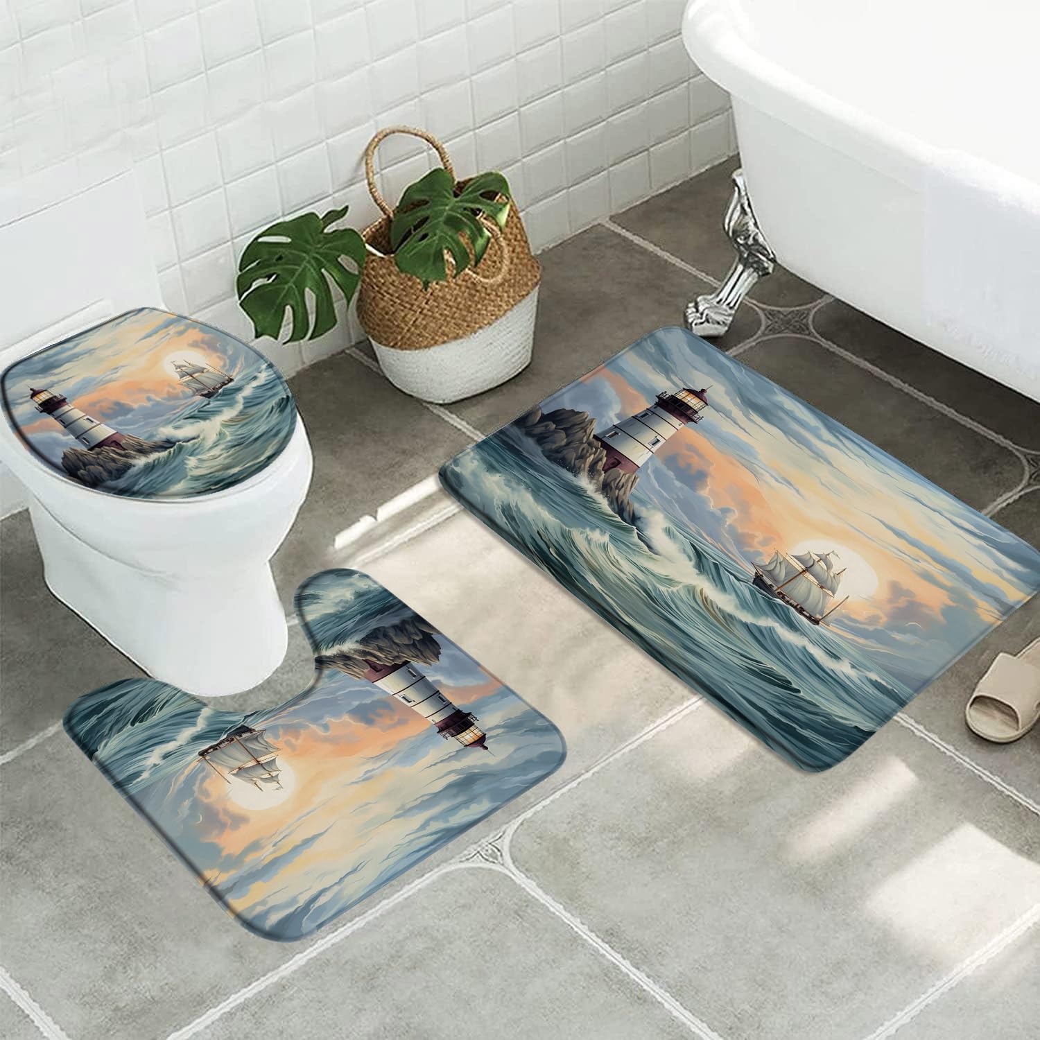 3pcs Coastal Lighthouse Bathroom Sets with Non-Slip Rug,Toilet Lid Cover and Bath Mat,Sunrise Blue Ocean Nautical Sailboat Vintage Oil Painting Beach Reef Wave Bathroom Carpet Bath Mat Toilet Rugs