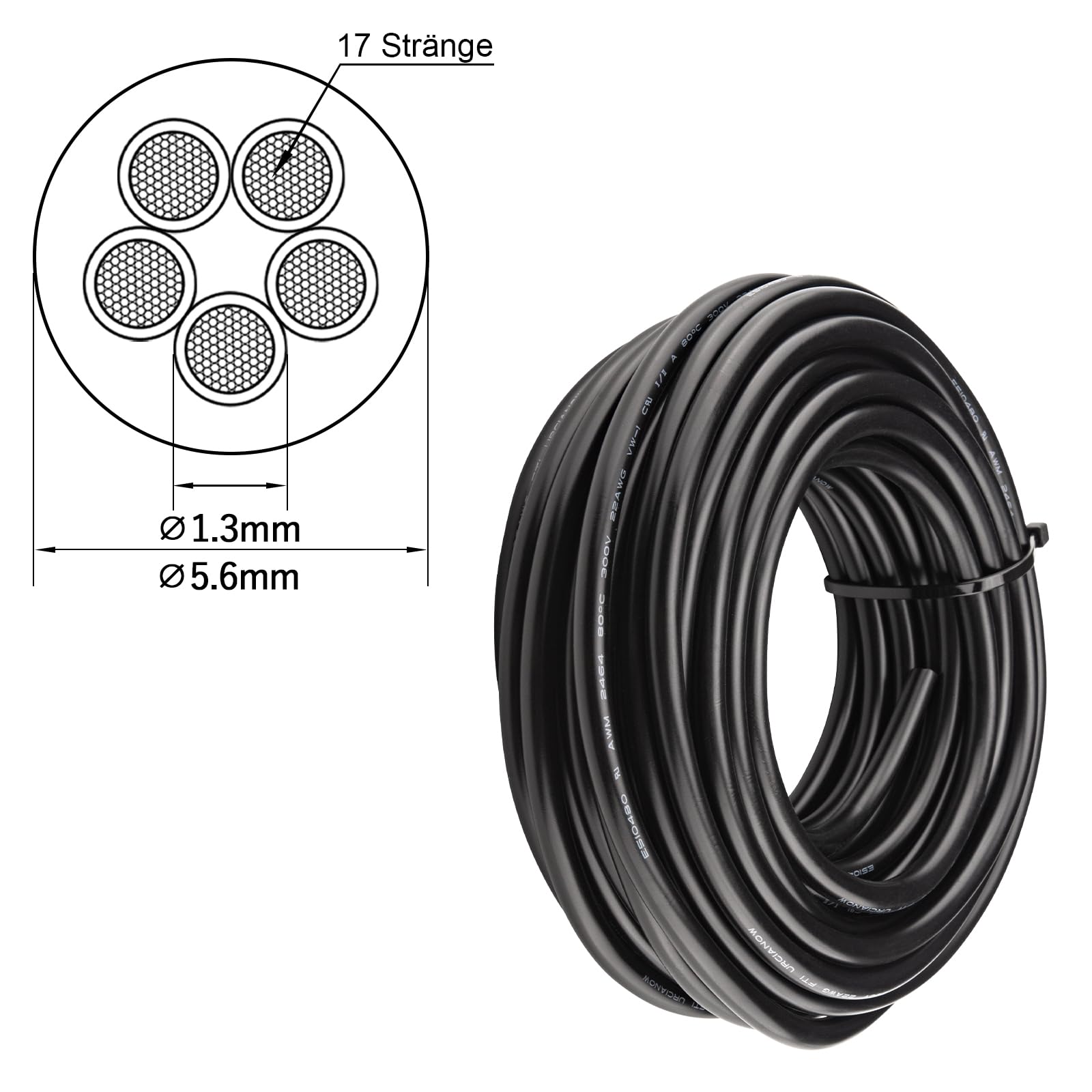 10M 5-biegunowy kabel 22AWG 0,3mm² UL2464 czarny elastyczny PVC | 5 przewodów przedłużających, UL2464, 5 przewodników, miedź ocynkowana 22AWG, czarna powłoka PCW