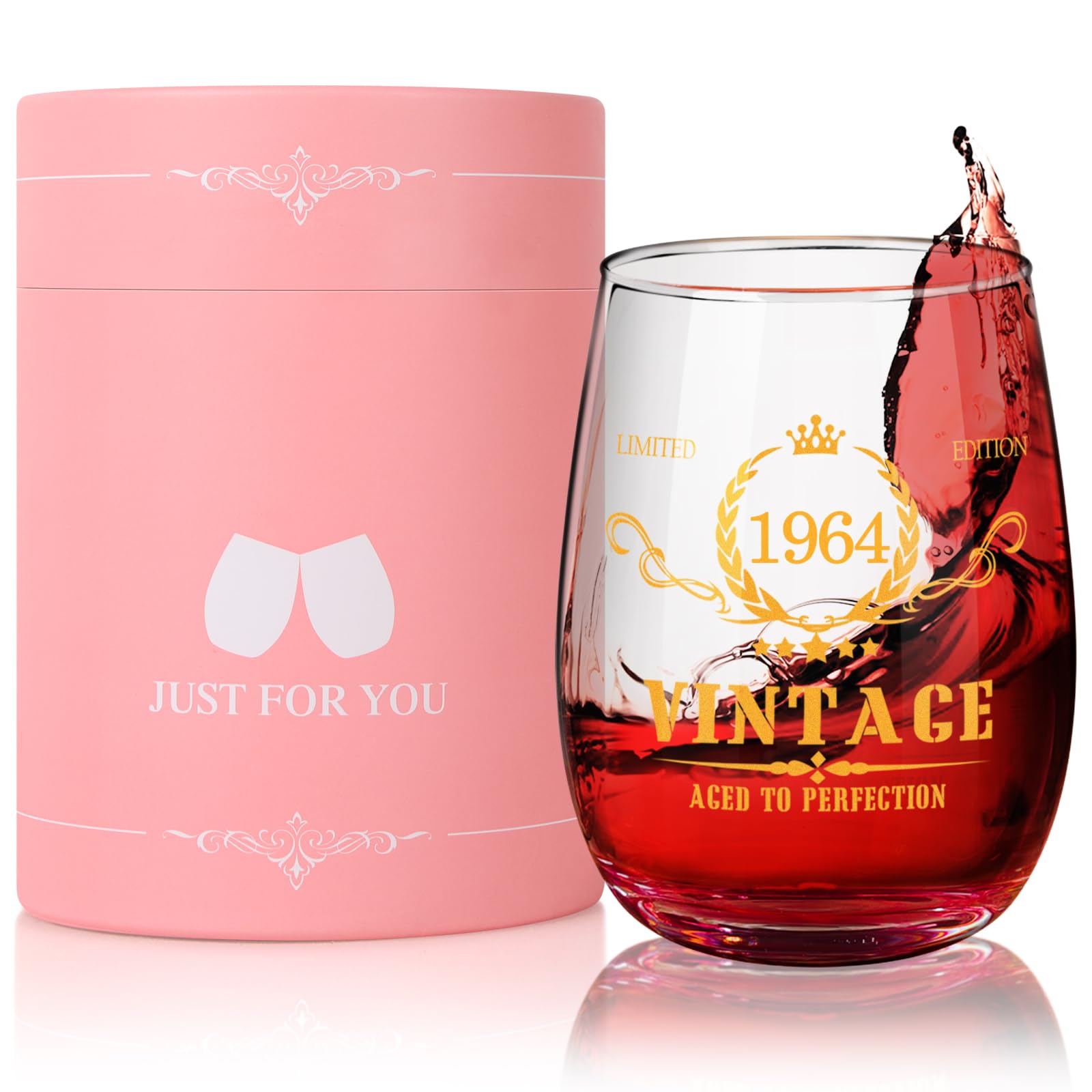 Tecanne 60th Birthday Gifts for Women, 1965 Vintage Style 15oz Stemlesss Wine Glass, Birthday Glasses Wine Accessories for Wine Lovers, Retirement Gifts for 60 Year Old Woman