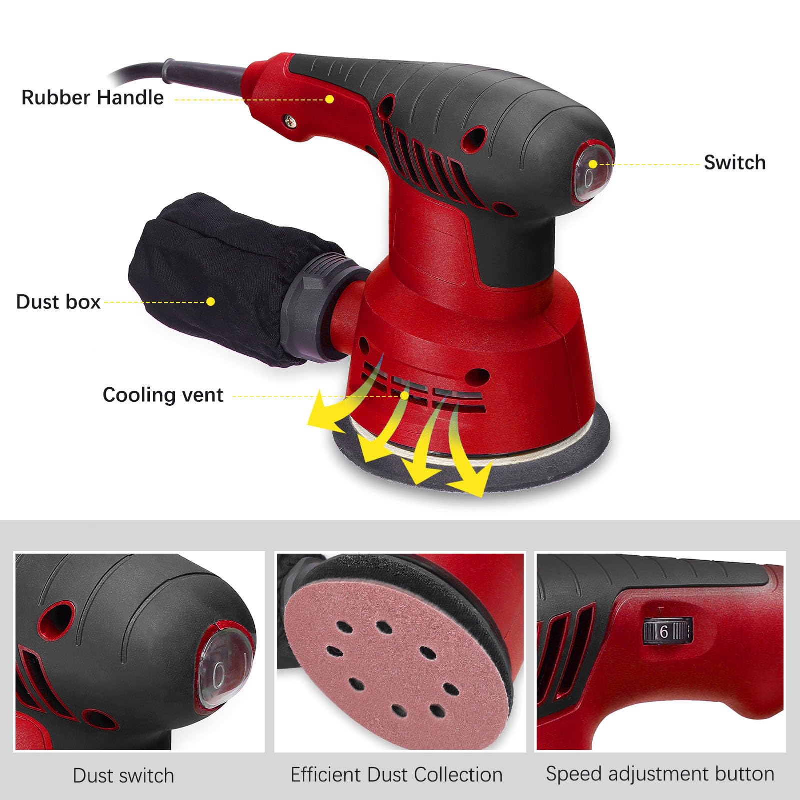 Lijadora Excéntrica Eléctrica de Mano de 300 W, 5000 a 12000 Rpm, 6 Niveles de Velocidad Ajustable, Máquina Pulidora de Automóviles para Automóviles, Encerado de Pisos, (Enchufe