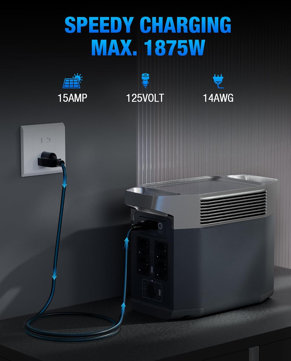 Heavy-Duty Power Station Charging Cable, 14AWG Fast Charger Cable for Jackery Explorer 2000/1500/1000 Pro,Ecoflow Delta/River Series,Bluetti EB3A;Anker 757/767, 125V 15A Universal AC Power Cord(16FT)